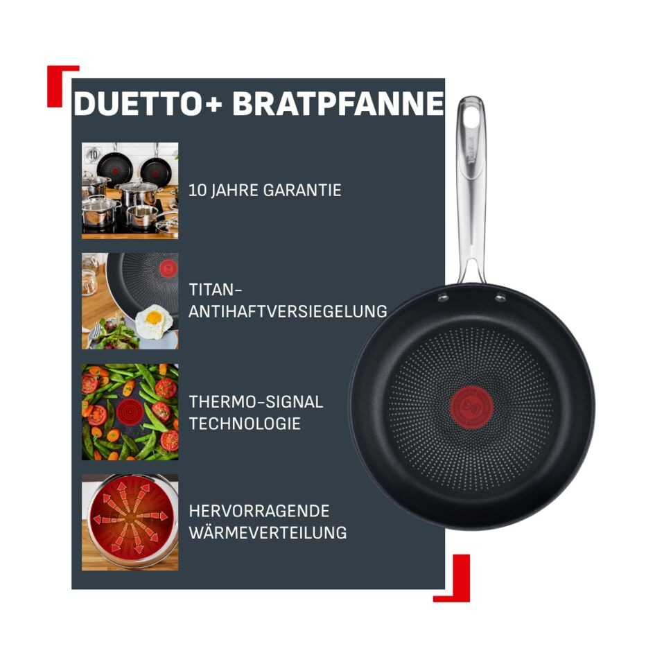 Tefal Pfannen-Set »Duetto+, langlebige Antihaftversiegelung, Thermo-Signal« Edelstahl Set, 3x Bratpfannen Ø 20/24/28 cm, 3 Stk. tlg. Edelstahl-Griff, Induktionspfanne, für aller Herdarten geeignet,G732S3