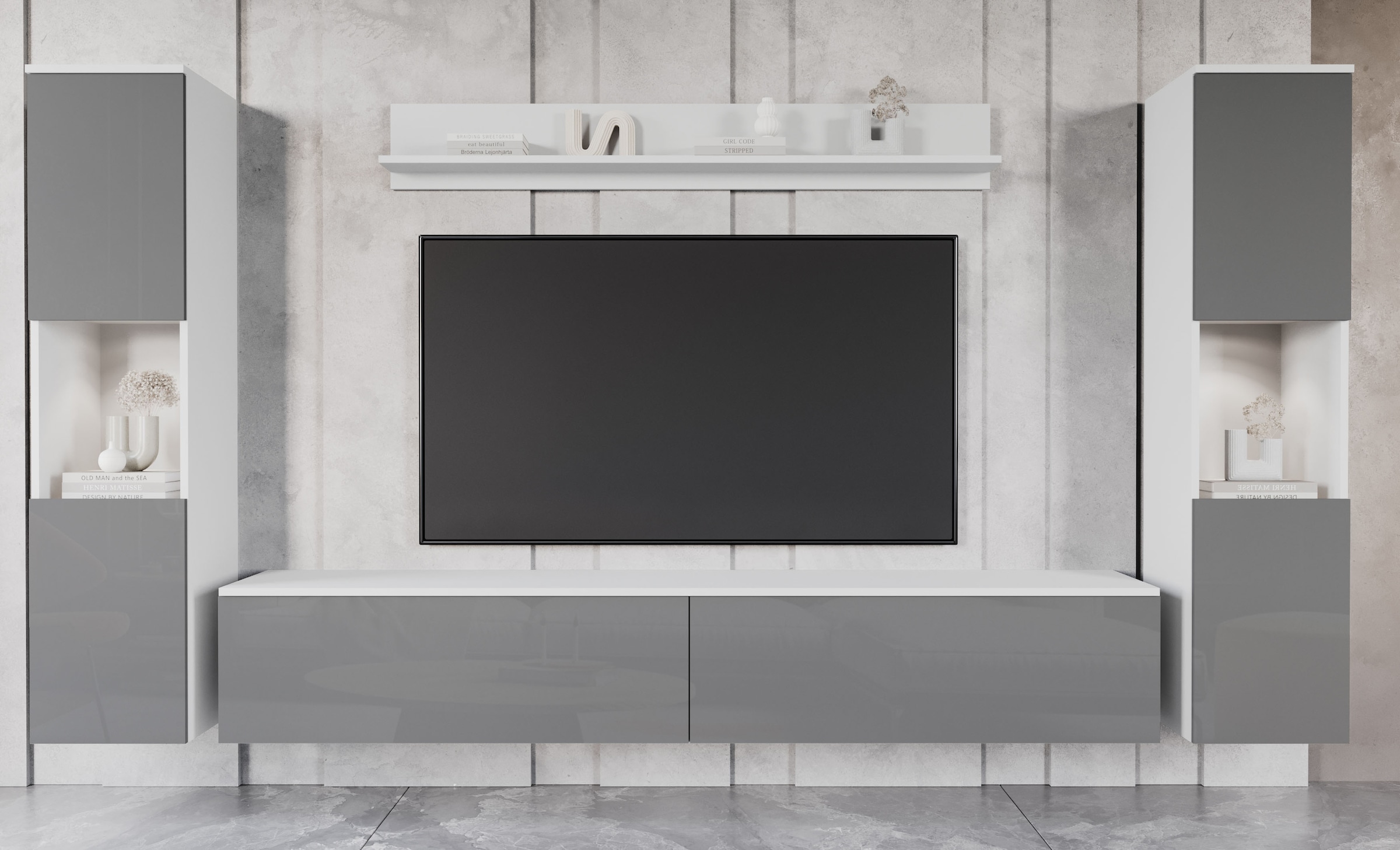 INOSIGN Wohnwand »PARIS, Vitrine Türanschlag links/rechts wechselbar«, (Komplett-Set, 4 St.), grifflose Design, stehend und hängend montierbar