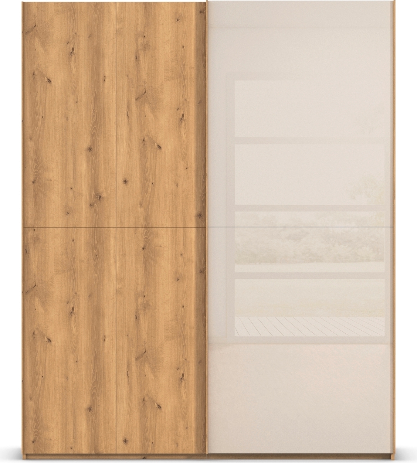 rauch Schwebetürenschrank »Kleiderschrank Schrank Garderobe Schlafzimmerschrank SCALE-WOOD«, edle geteilte Front in massiver Asteiche mit Glastüren MADE IN GERMANY