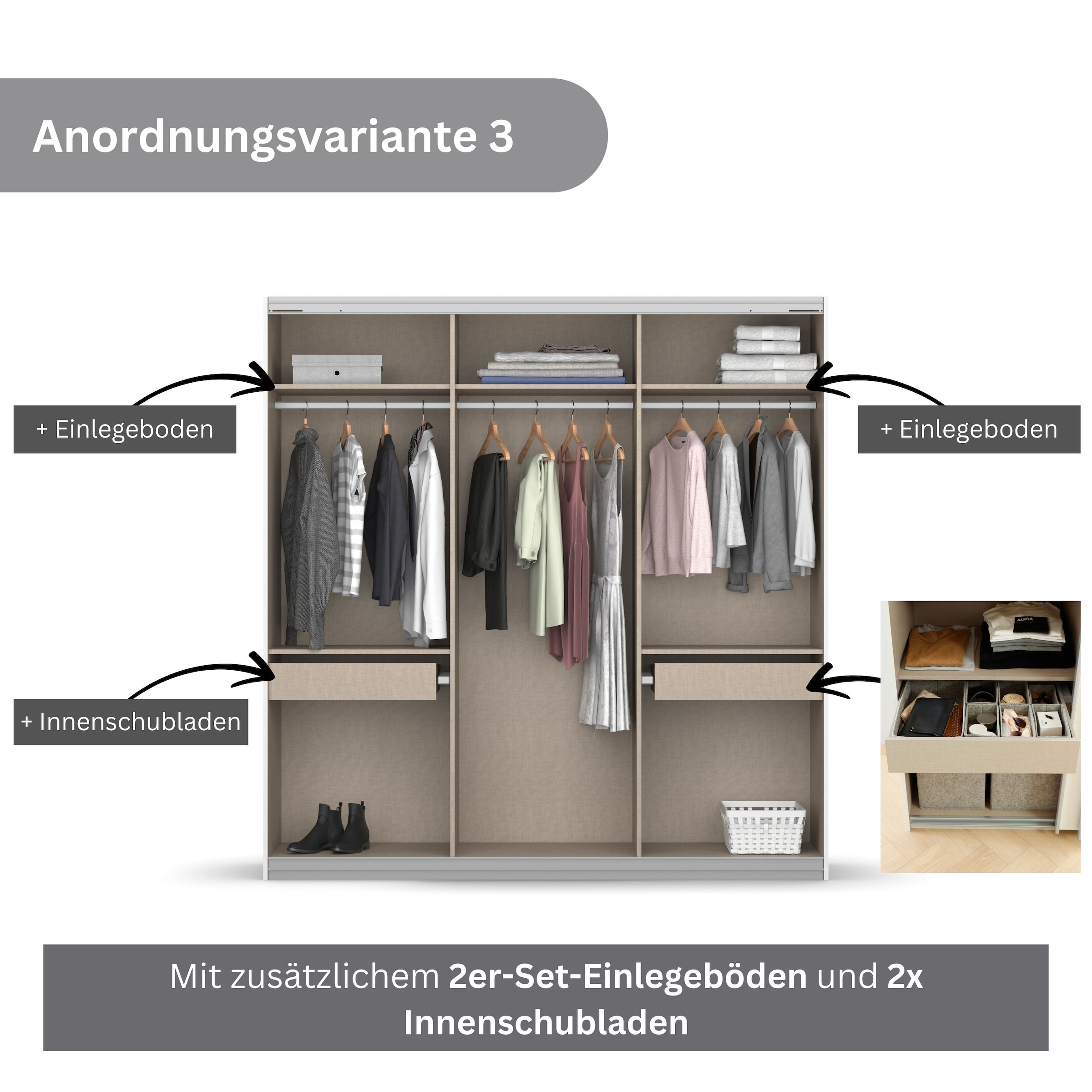 rauch Schwebetürenschrank »Kleiderschrank Schrank Garderobe BESTSELLER KOLUNA mit Spiegel«, inkl. 2 Innenschubladen sowie extra Einlegeböden MADE IN GERMANY