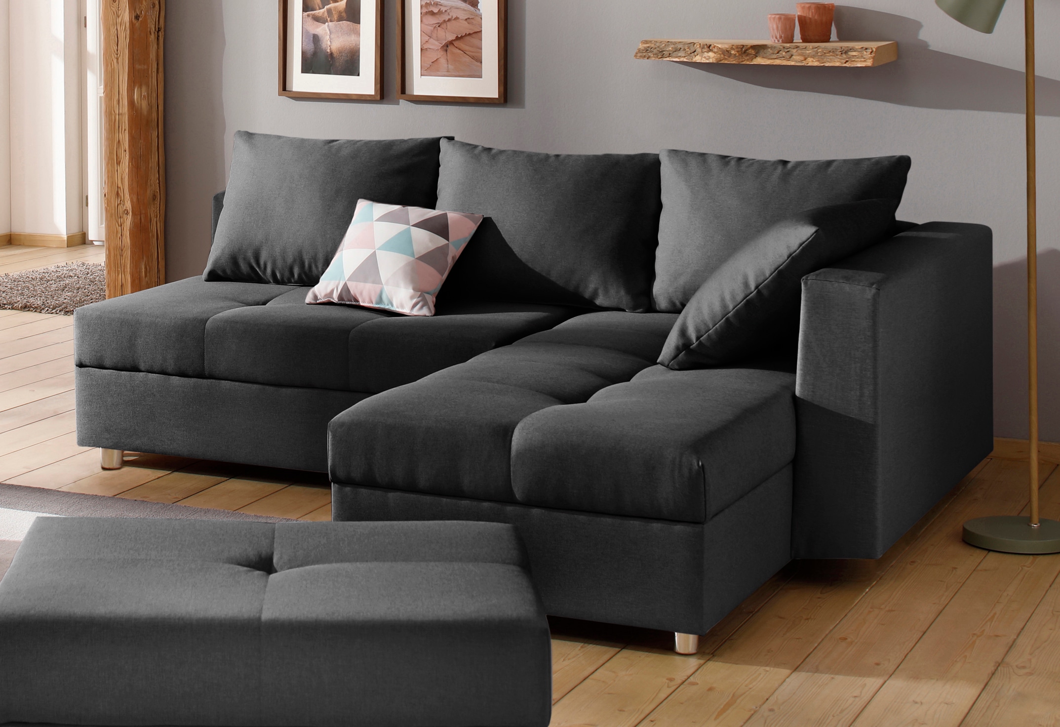 Home affaire Ecksofa "Italia L-Form, B: 217 cm, Schlaffunktion, Bettkasten" Federkern, frei stellbar, mit Zierkissen, Gästebettfunktion