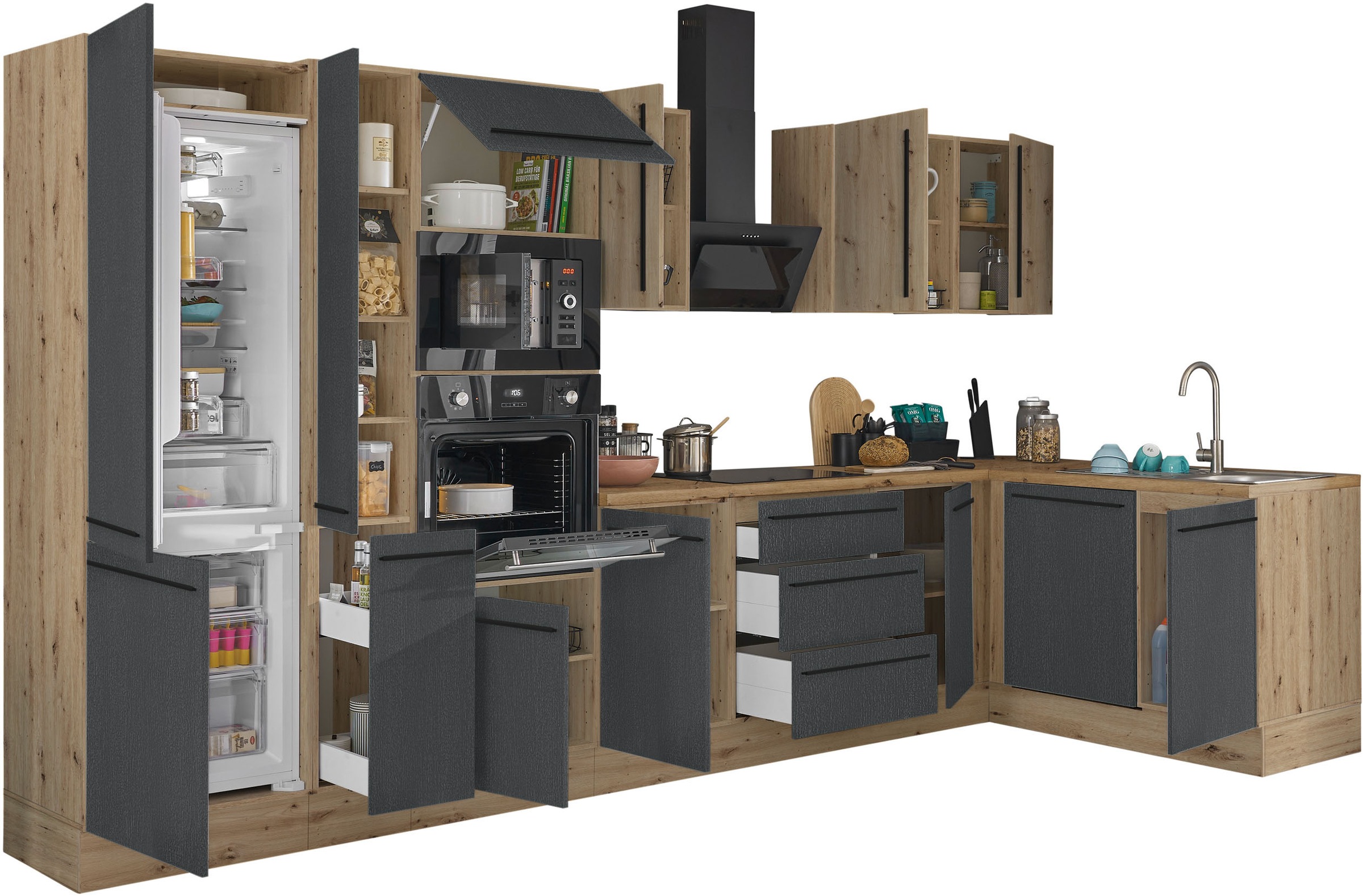 KOCHSTATION Winkelküche »Florida, Stellbreite 370x175 cm«, wahlweise mit E-Geräten, mit Softclose für Türen und Schubkästen