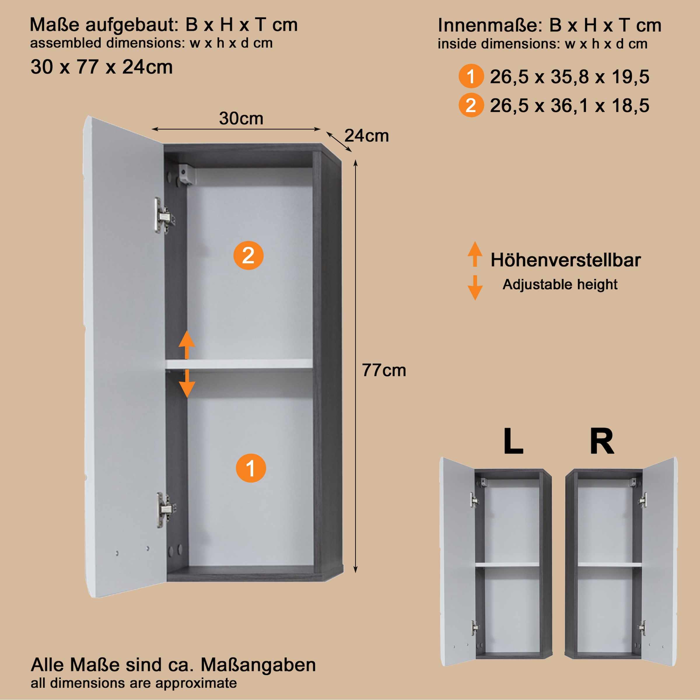 welltime Hängeschrank »Sovana« Badezimmerschrank mit 2 Fächern in Weiß - (B/T/H) 30/24/77 cm
