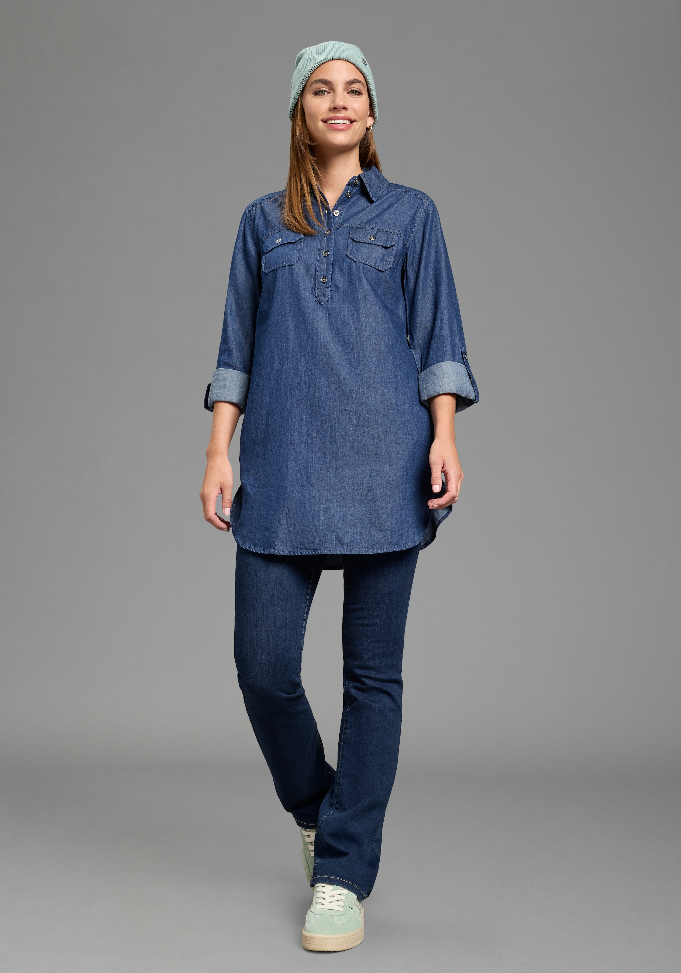 Arizona Jeansbluse »Krempelärmel mit Riegel« im Tunikastil