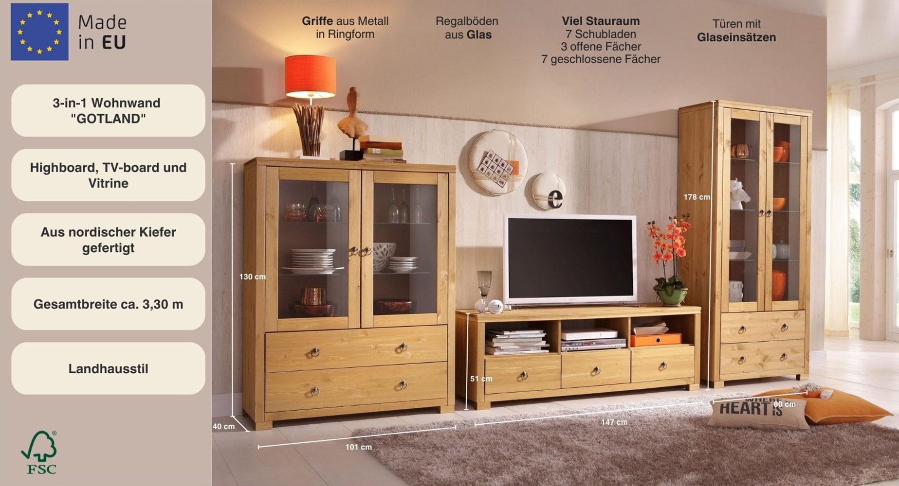 Home affaire Wohnwand »Gotland« Set, 3 Stk. tlg. bestehend aus 1 Highboard, 1 TV-Lowboard und 1 Vitrine