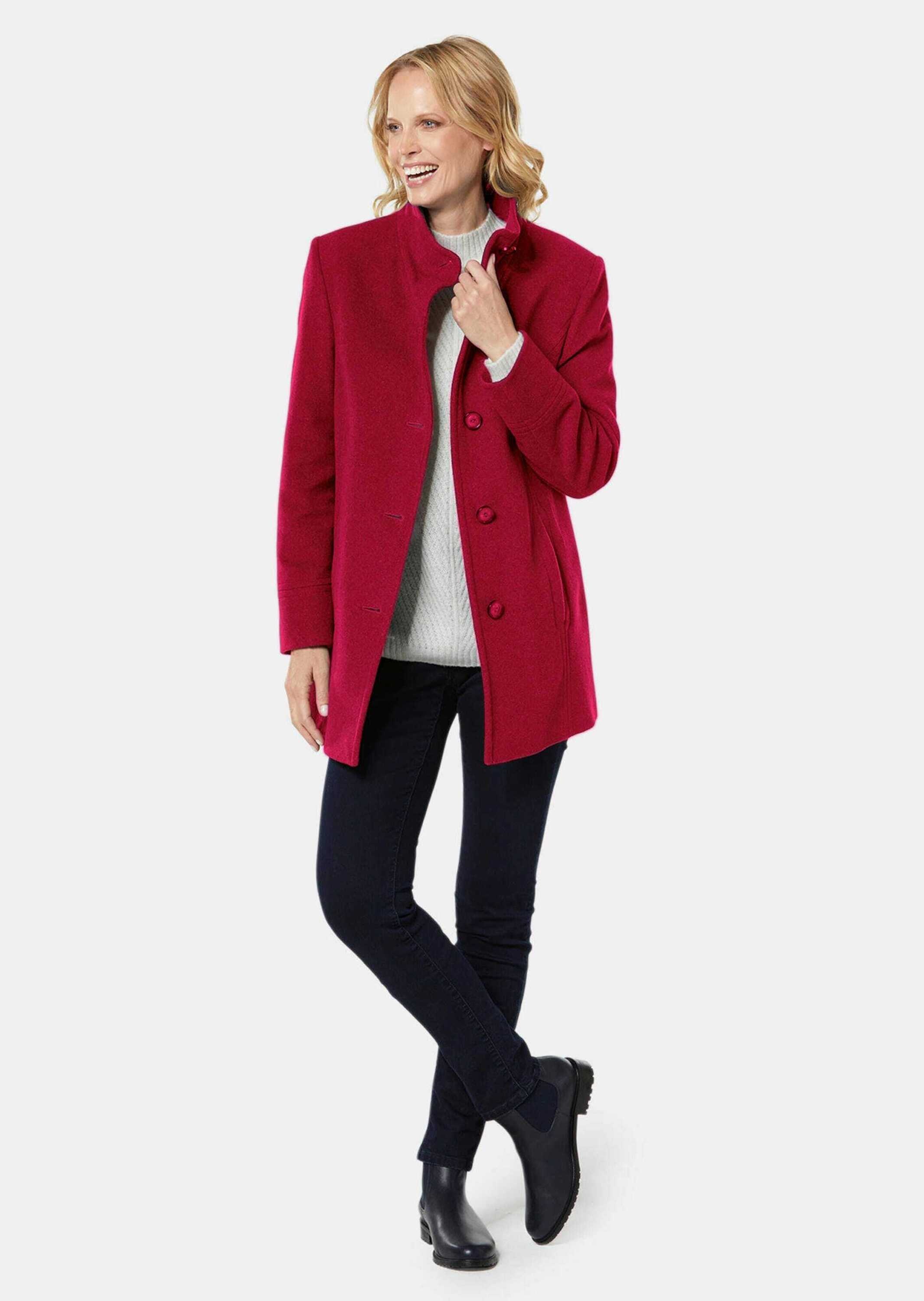 Wolljacke GOLDNER "Unentbehrliche Wolljacke mit feinen Details", Damen, Gr. 50, rot (dunkelrot), Obermaterial: 60% Wolle WO. 25% Polyester PES. 10% Polyamid PA. 5% sonstige Fasern AF., Sonstiges, Jacken, Vielseitig zu kombinieren 3