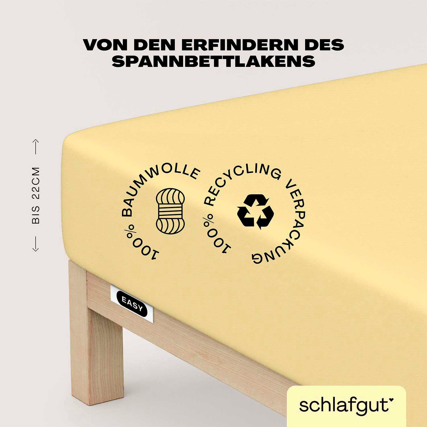 Schlafgut Spannbettlaken "EASY JERSEY Bettlaken, 150 g/m², 100% Baumwolle, Spannbetttuch" Spannbettlaken bis 22 cm Höhe, bügelfrei, pflegeleicht, perfekter Sitz