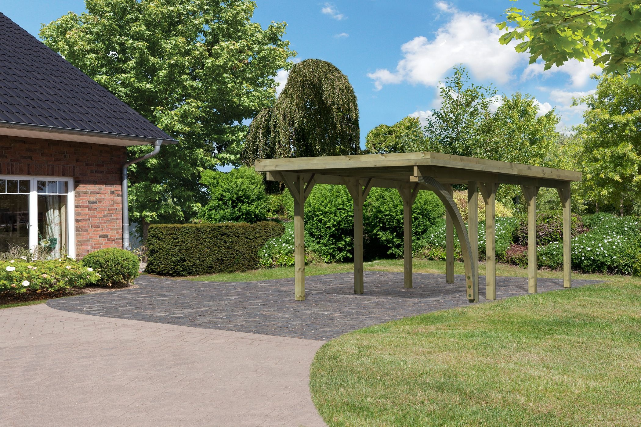 Karibu Einzelcarport ""Classic 2 SET" Stahl-Dach Variante B, mit einem Einfahrtsbogen" Massivholz 250 cm KDI aus Masivholz
