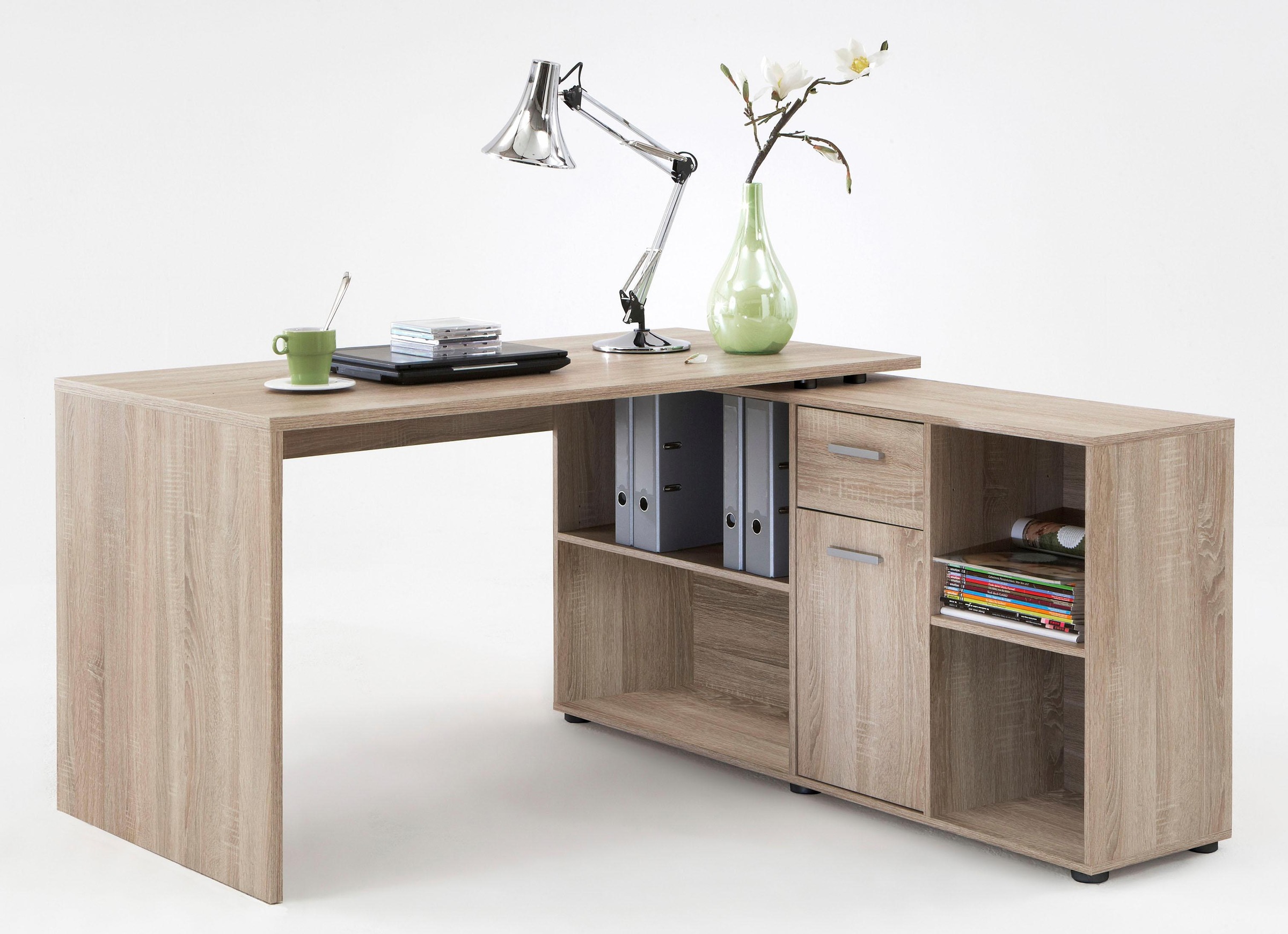 Thumbnail - FMD Eckschreibtisch "Lexo" Schreibtisch/Sideboard viel Stauraum, beidseitig montierb., 136/205 cm