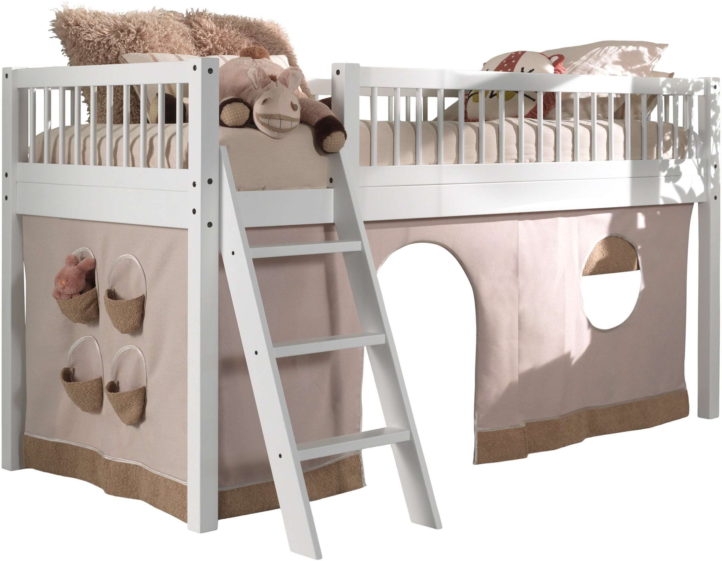 Vipack Spielbett "Forrest 90/200 aus massiver Buche weiß lackiert, inkl. Vorhang-Set" stabil gebaut mit umlaufenden Absturzschutz, Leiter und Rolllattenrost