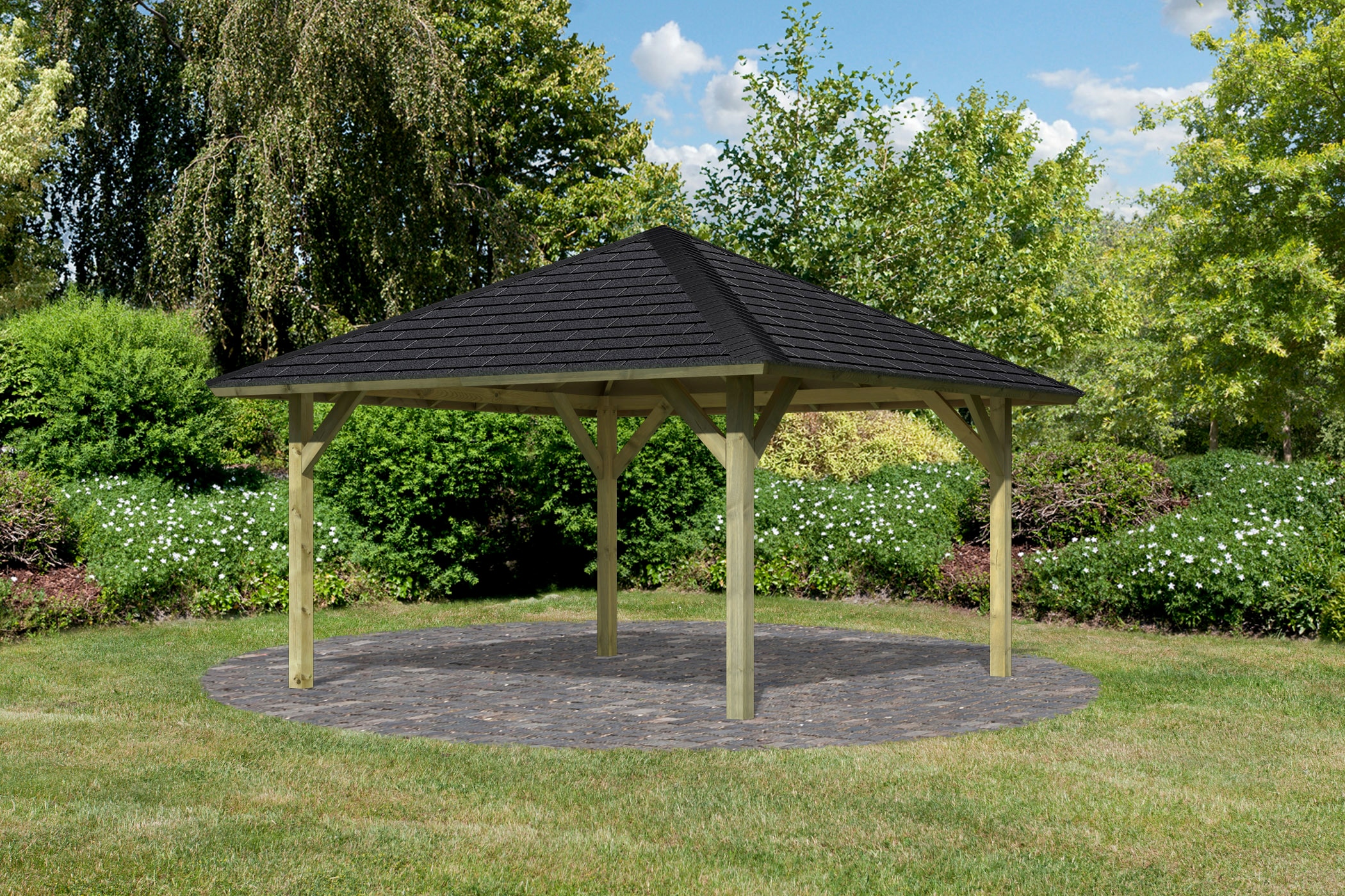 Pavillon KARIBU, beige, Garten, Pavillons, "Holm 1", BxTxH: 431x431x315 cm, mit schwarzen Dachschindeln