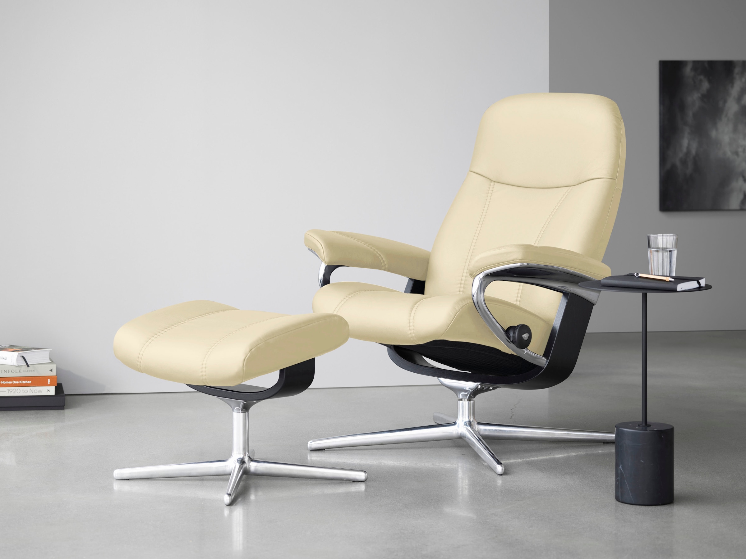 Stressless Relaxsessel "Consul" Set, Relaxsessel mit Hocker, mit Hocker, mit Cross Base, Größe S, M & L, Holzakzent Schwarz