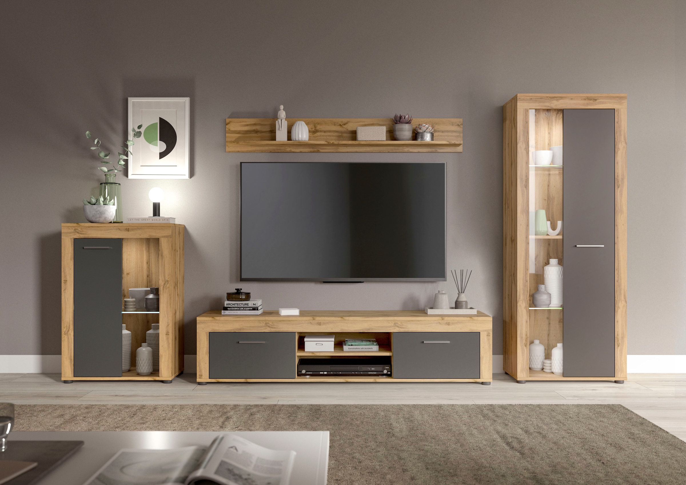 OTTO home Wohnwand "AOSTA, Breite 310cm, 4-teilige Wohn-Kombination" bestehend aus: Vitrine, Lowboard, Wandboard & Vitrine hoch, 4 Stk. tlg.