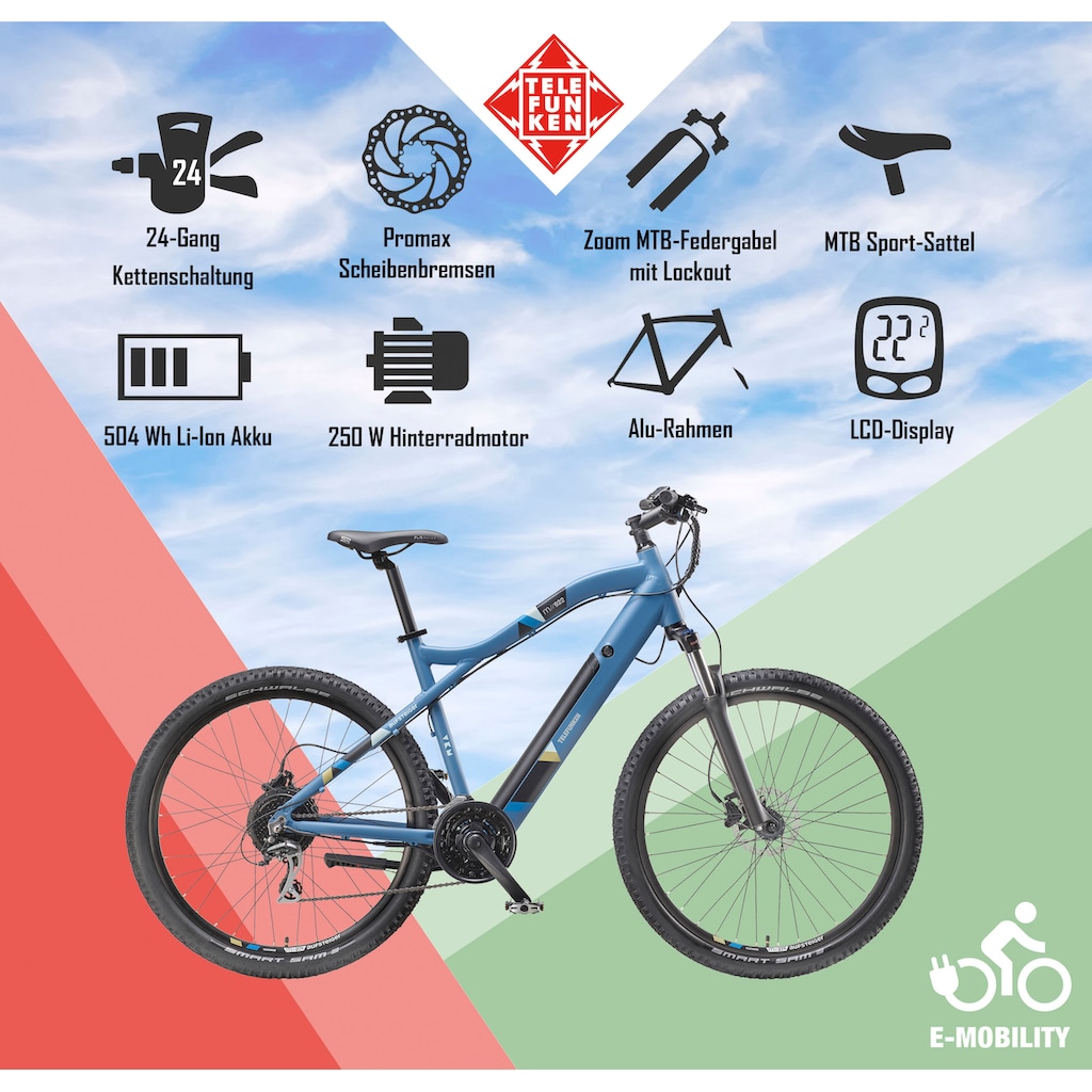 Telefunken E-Bike »Aufsteiger M922«, 24 Gang, Shimano, Acera, Heckmotor 250 W