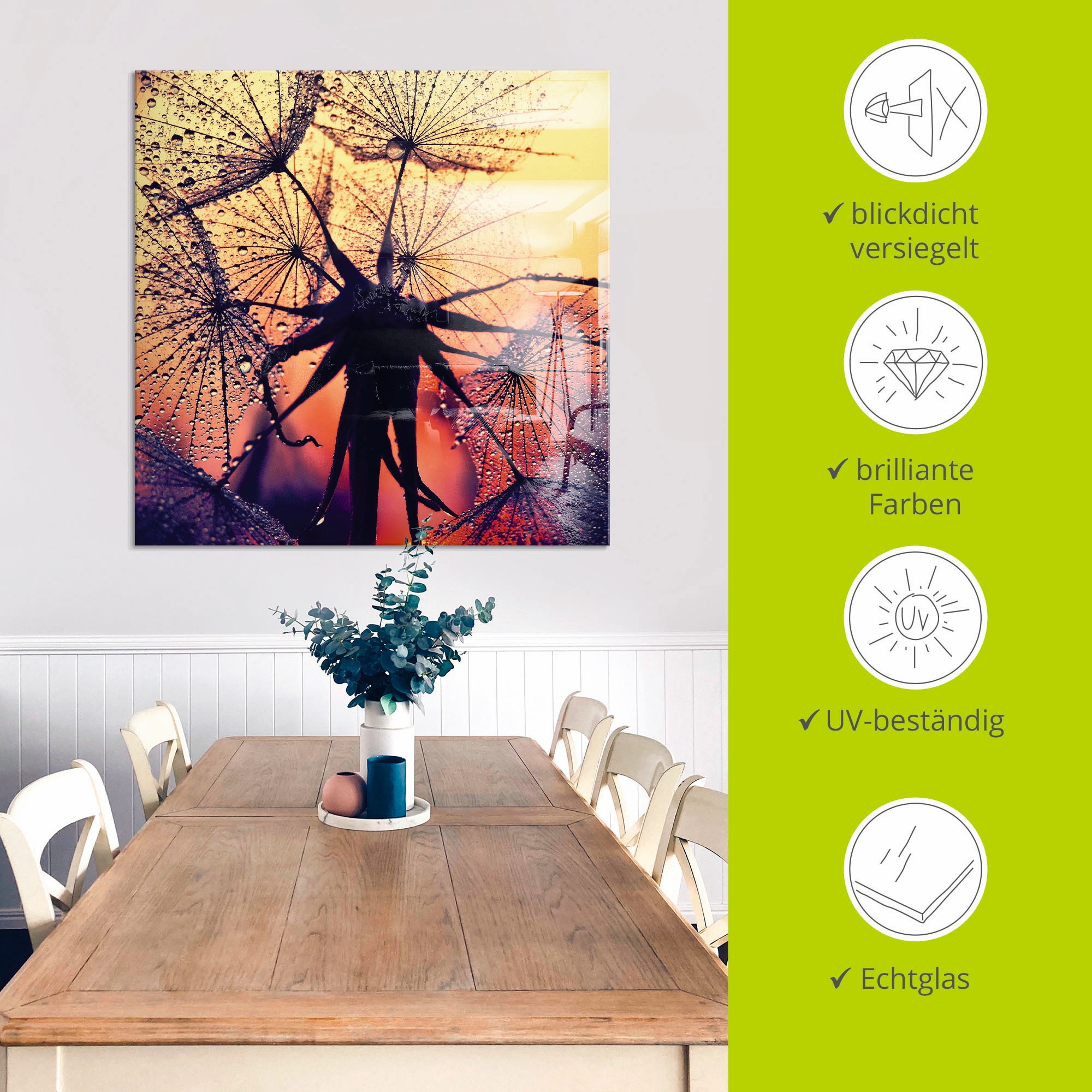 Artland Glasbild »Pusteblume im Sonnenuntergang«, Blumen, (1 St.), in verschiedenen Größen