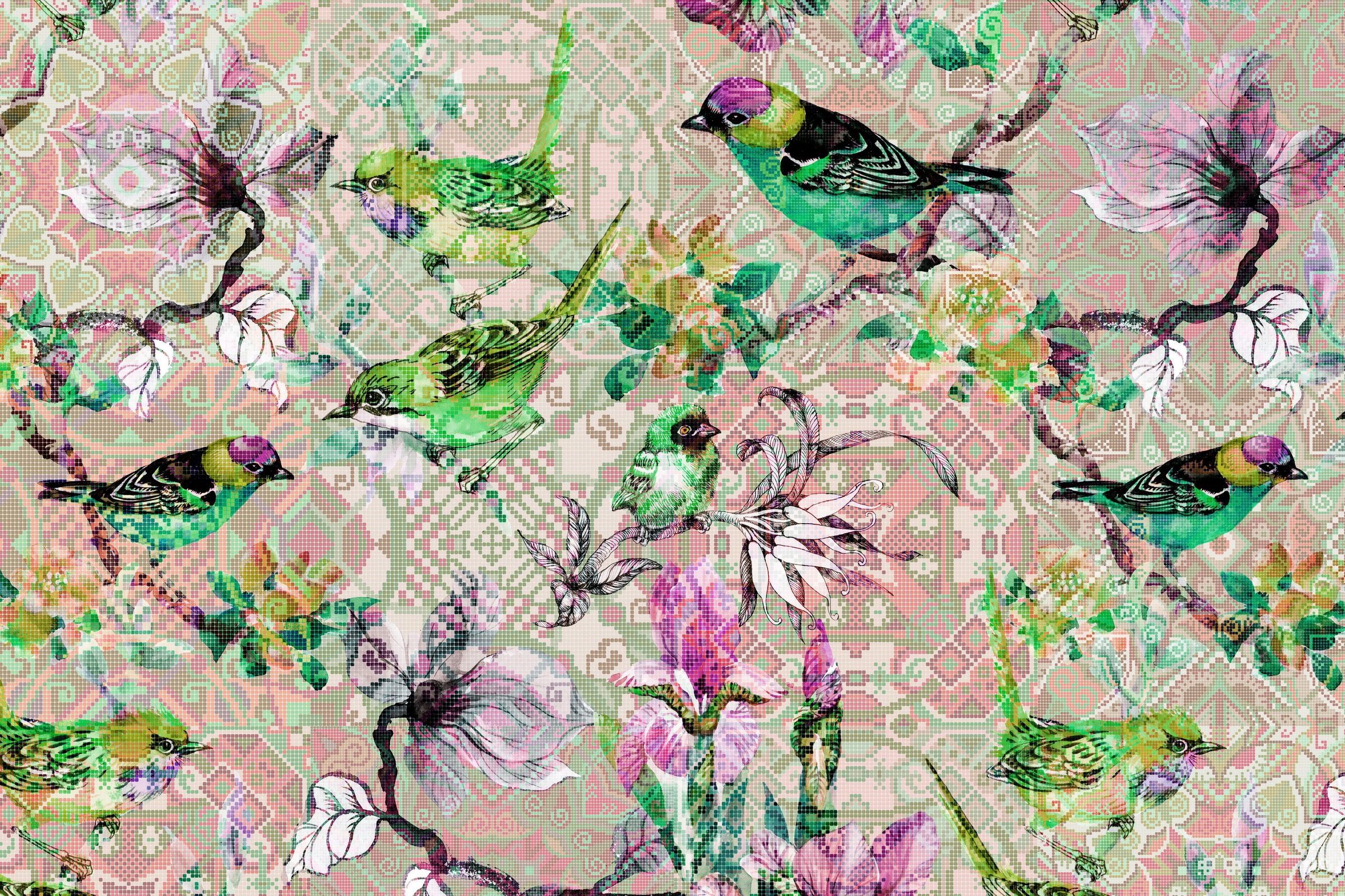 A.S. Création Leinwandbild »mosaic birds«, Kunst-Vögel-Kinder, (1 St.), Mosaik Keilrahmen Floral Blumen Vögel Leinwand-Bild Wohnzimmer modern