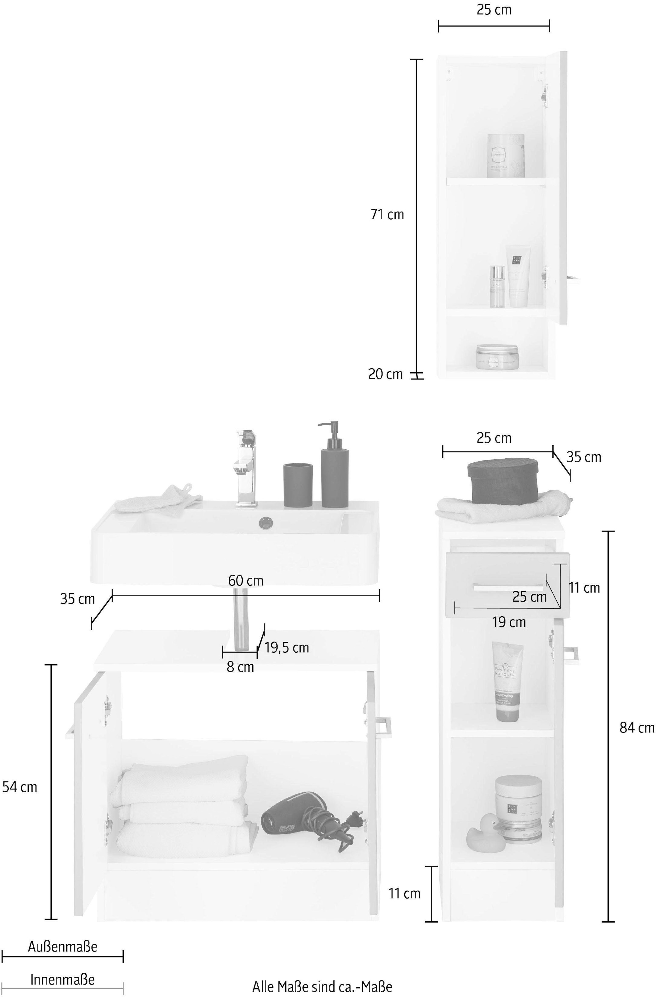 welltime Badmöbel-Set »Ribera«, (3 St.), Waschplatz, Hängeschrank, Unterschrank
