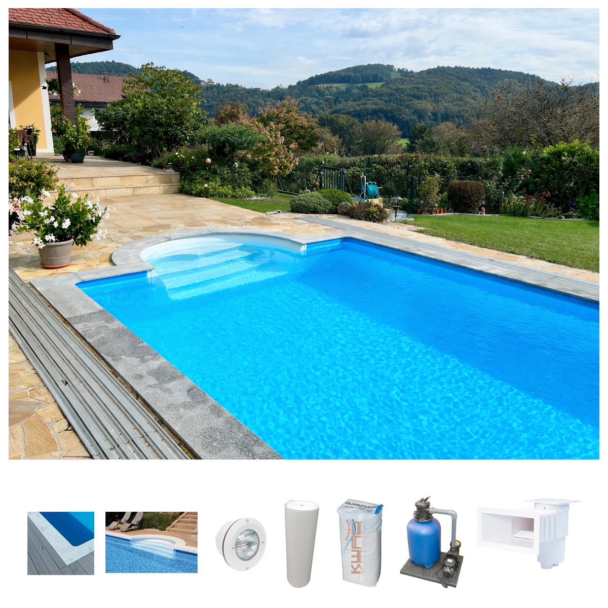 KWAD Schwimmbecken "STYROPORSTEIN POOL ALL INCLUSIVE, BxLxH: 400x800x150 cm" mit Römertreppe, inkl. Beckenrandsteine & Poolbeleuchtung