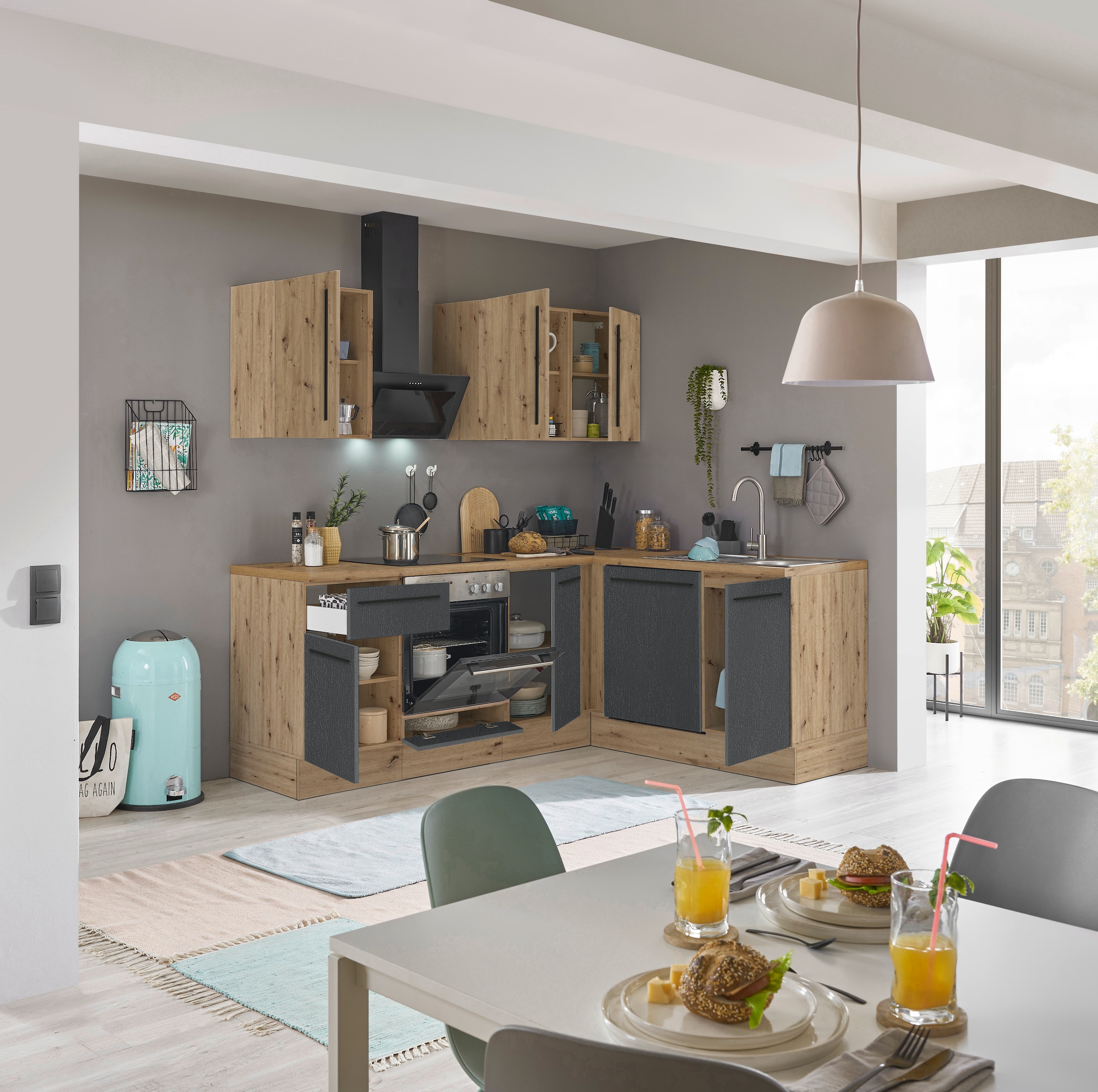 KOCHSTATION Winkelküche »Florida, Stellbreite 220x175 cm«, wahlweise mit E-Geräten, mit Softclose für Türen und Schubkästen