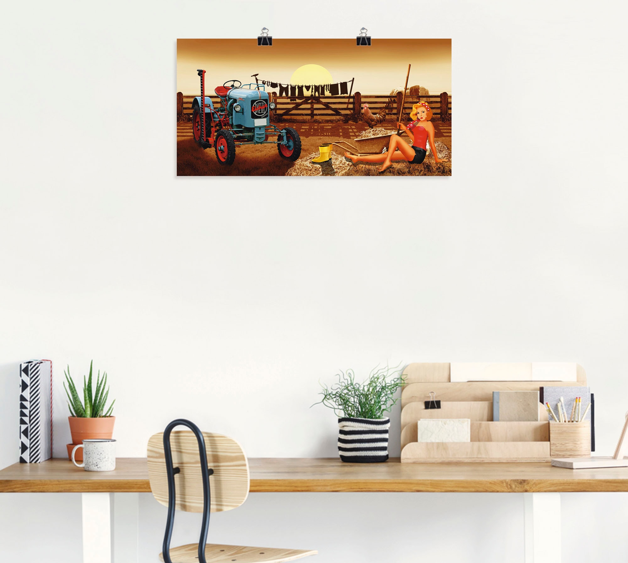 Artland Poster »Pin Up Girl mit Traktor auf Bauernhof«, Traktoren, (1 St.), als Alubild, Leinwandbild, Wandaufkleber oder Poster in versch. Größen