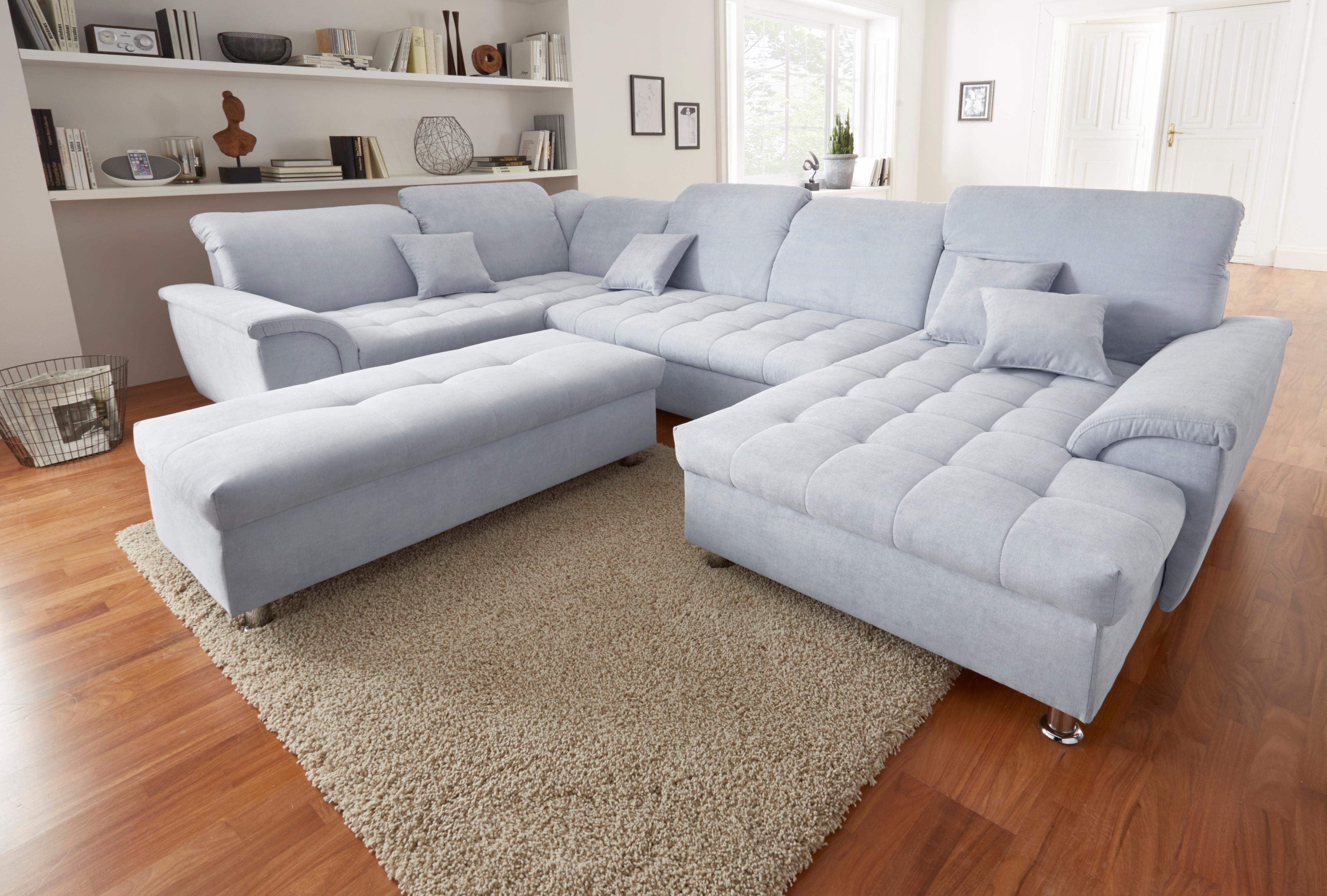 DOMO collection Wohnlandschaft "FRANZI 344x206x81 cm, elegant, komfortabel" U-Form, Recamiere rechts, pastelblau, B/T: 344/206 cm