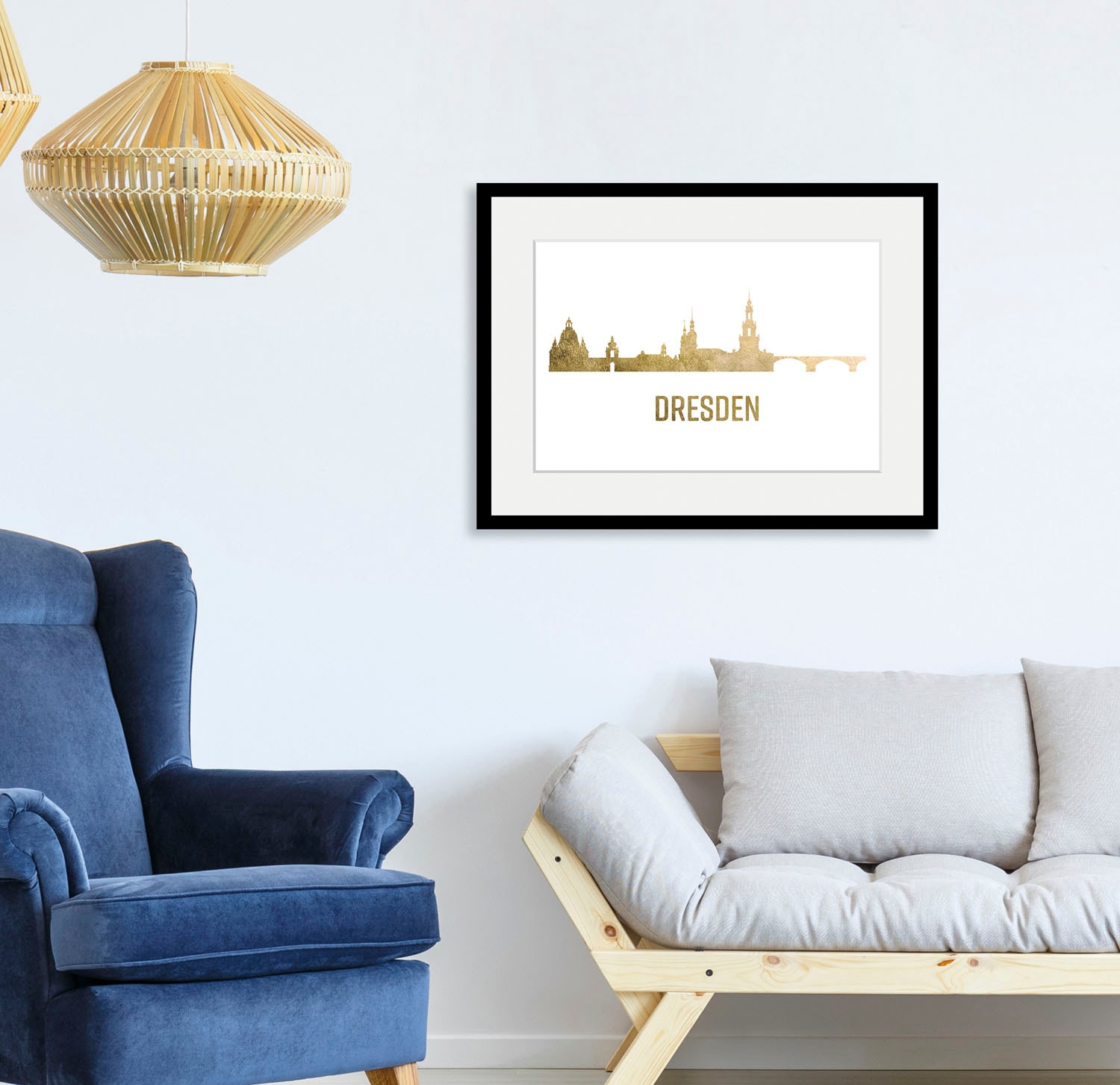 queence Bild "Dresden Skyline GOLD" Deutschland Dresden Schriftzug Stadt Städte 1 Stk. tlg. HD Premium Poster-Druck inkl. Holzrahmen