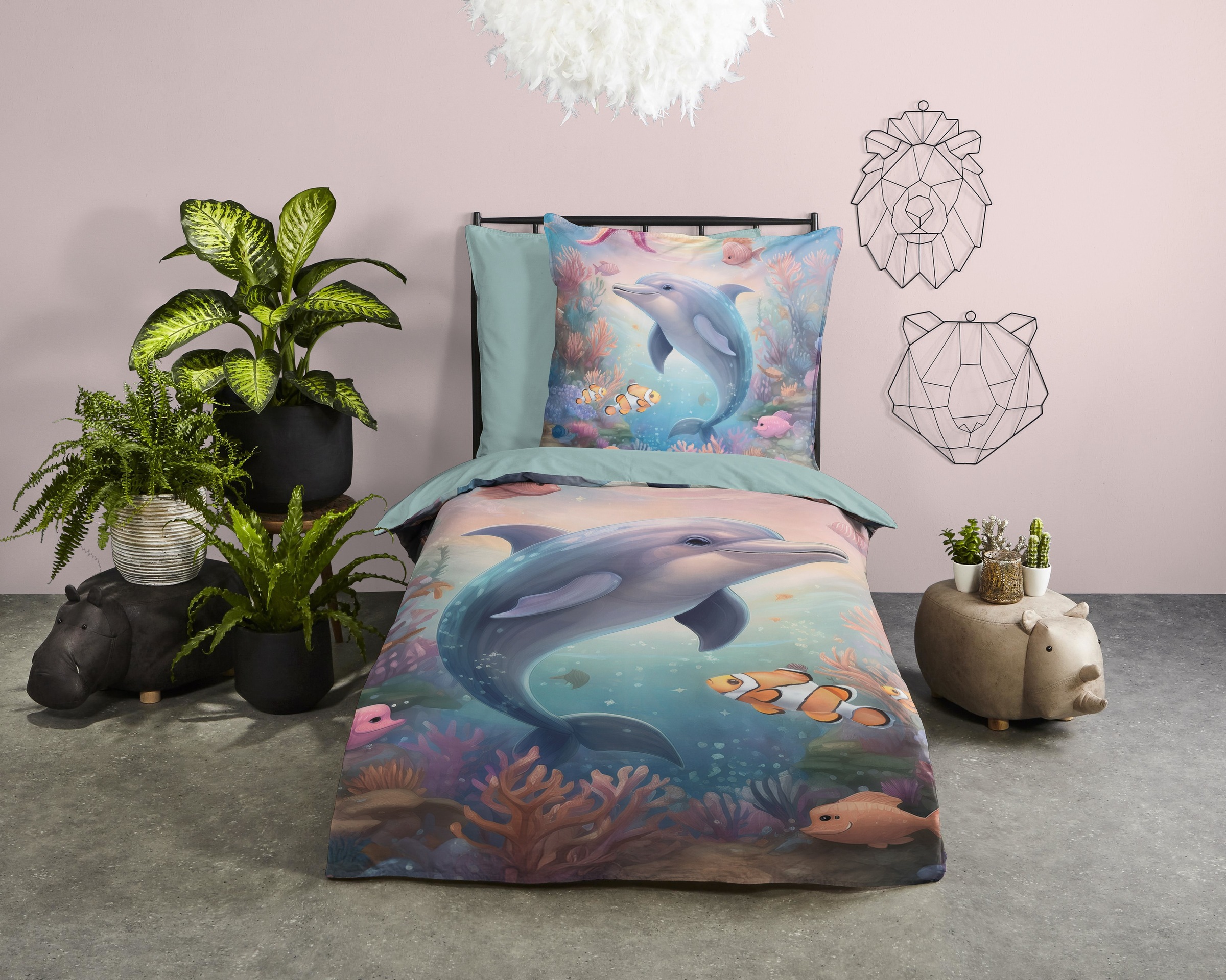 good morning Kinderbettwäsche "Baya" 2 Baumwolle, Renforcé, 135x200, Wendeoptik, Kind, Delfin, Blau