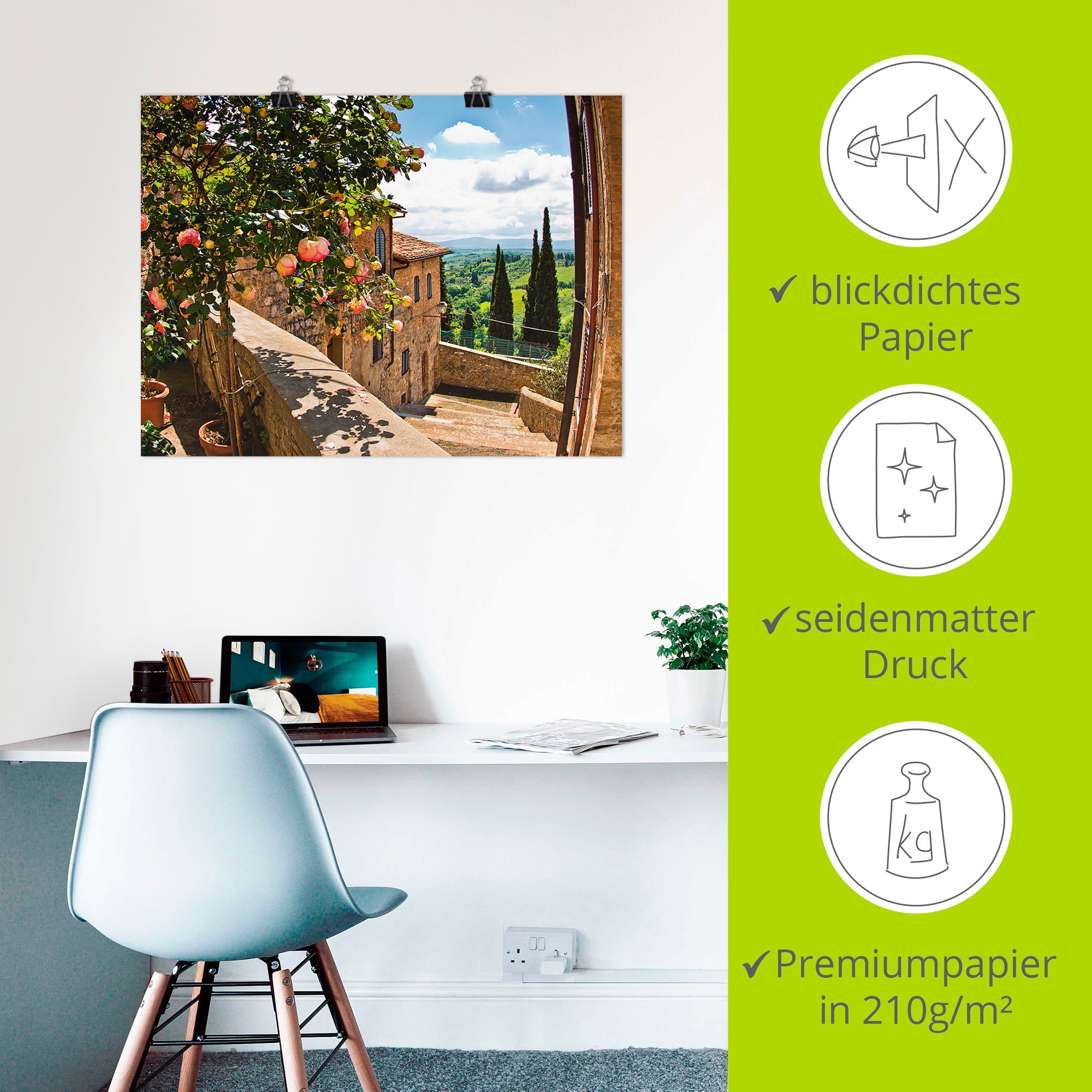 Artland Wandbild »Rosen auf Balkon Toskanalandschaft«, Garten, (1 St.), als Alubild, Outdoorbild, Leinwandbild, Poster, Wandaufkleber