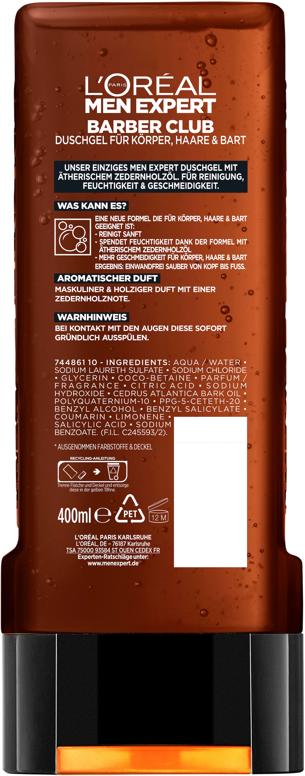 L'ORÉAL PARIS MEN EXPERT Duschgel »Barber Club«, (Packung, 6 tlg.), mit Zedernholzöl