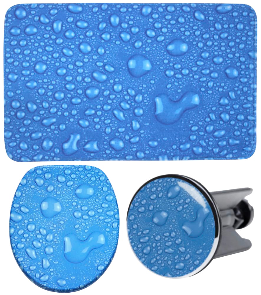 Sanilo Badaccessoire-Set »Tautropfen Blau«, (Komplett-Set, 3 tlg.), bestehend aus WC-Sitz, Badteppich und Waschbeckenstöpsel