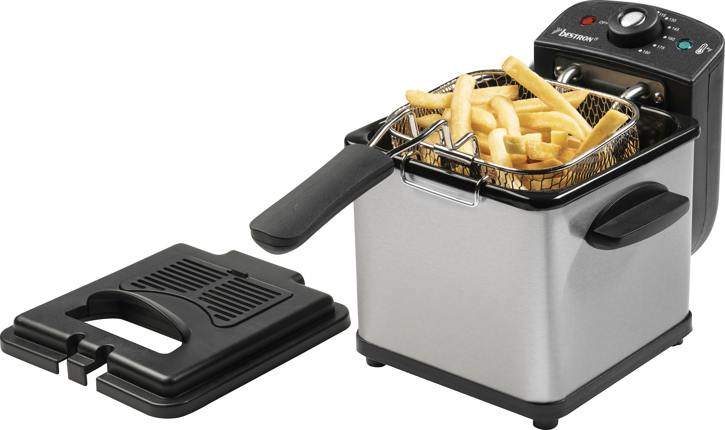 bestron Fritteuse "AF100S, kleine Fritteuse mit Edelstahl-Korb für eine Portion", 1000 W, Fassungsvermögen 1,5 l, Kaltzo