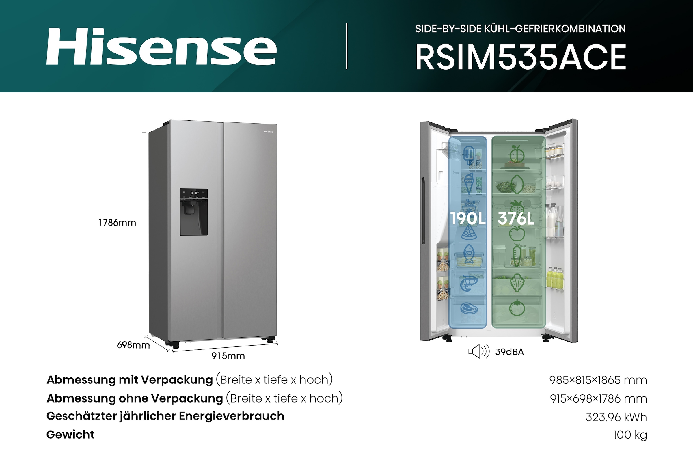 Hisense Side-by-Side »RSIM535ACE«, Wasser-/Eisspender, NoFrost, mit Wassertank