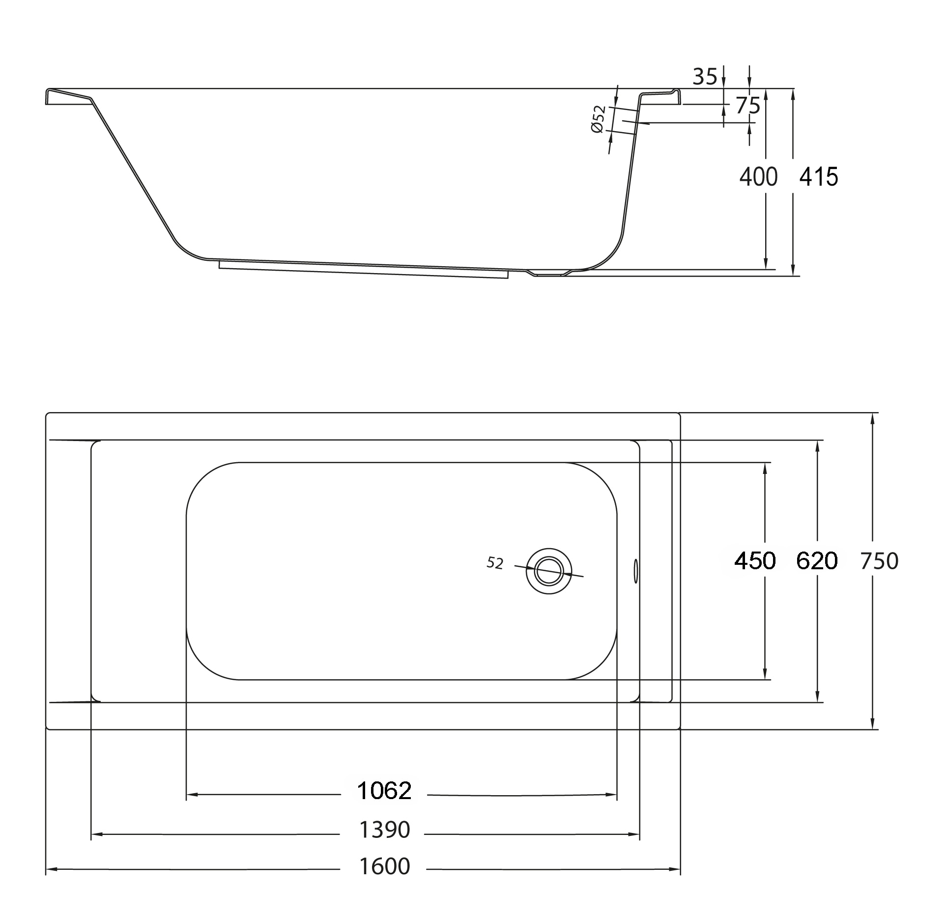 OTTOFOND Badewanne »Set Körpferformbadewanne«, (3 tlg.), 1600/750 mm, Körperformbadewanne