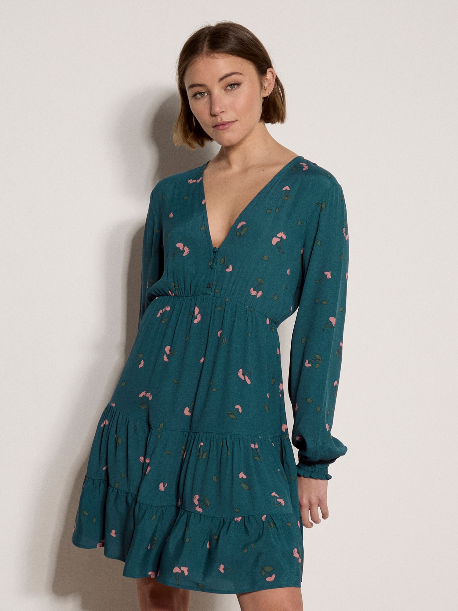 Apricot Minikleid "Kurzes Crêpekleid" mit Kirschprint
