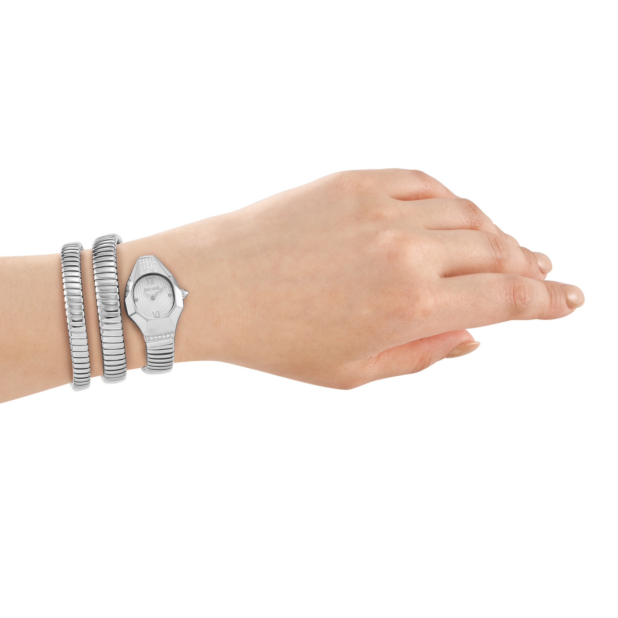 Just Cavalli Time Quarzuhr »Signature Snake« Armbanduhr, Damenuhr, Edelstahlarmband, analog, Kristallsteine