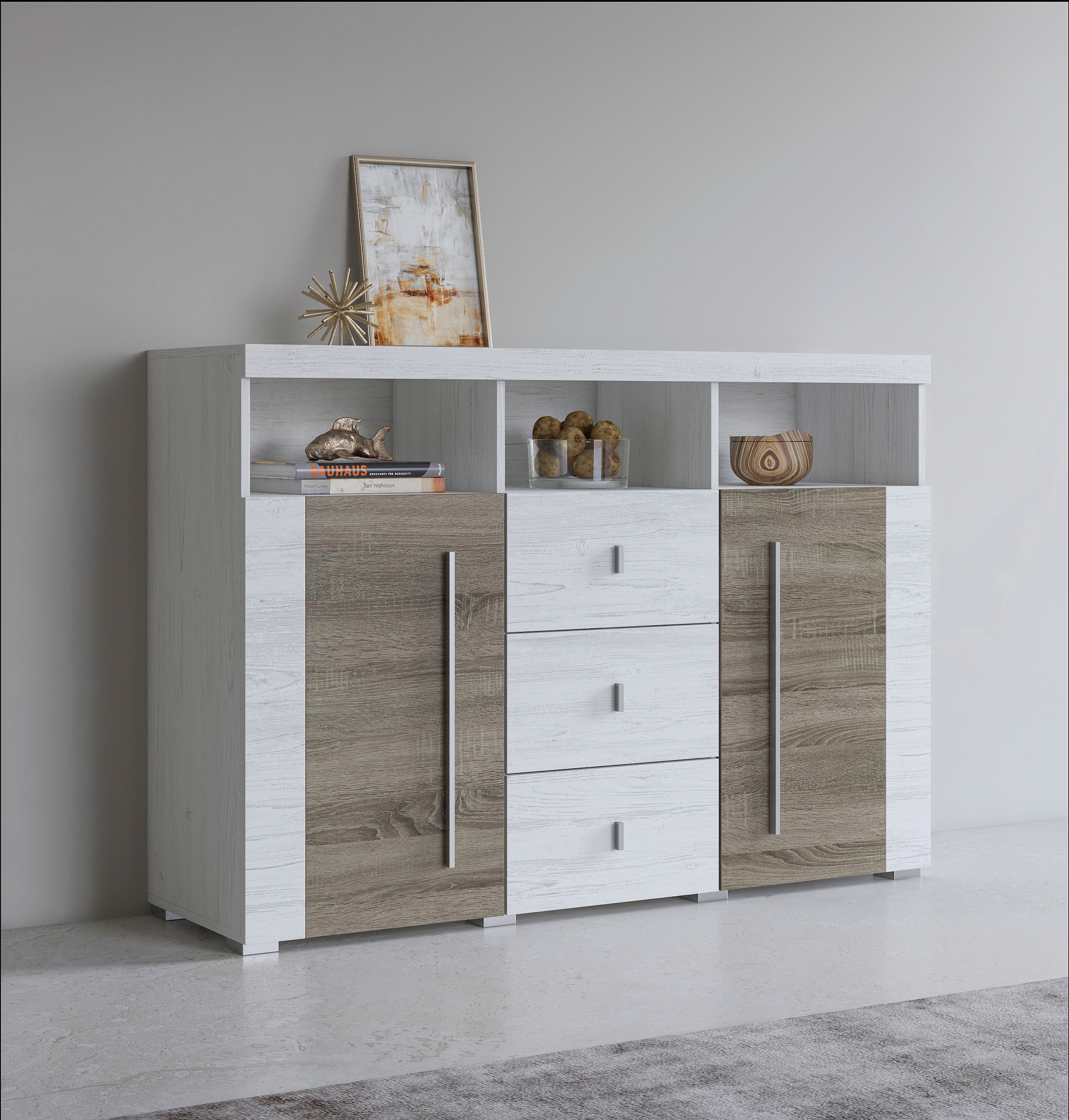 INOSIGN Sideboard "Roger,Breite 132cm, stilvolle Schrank, 2 Holztüren 3 Schubladen", Kommode mit viel Stauraum, Einlegeb