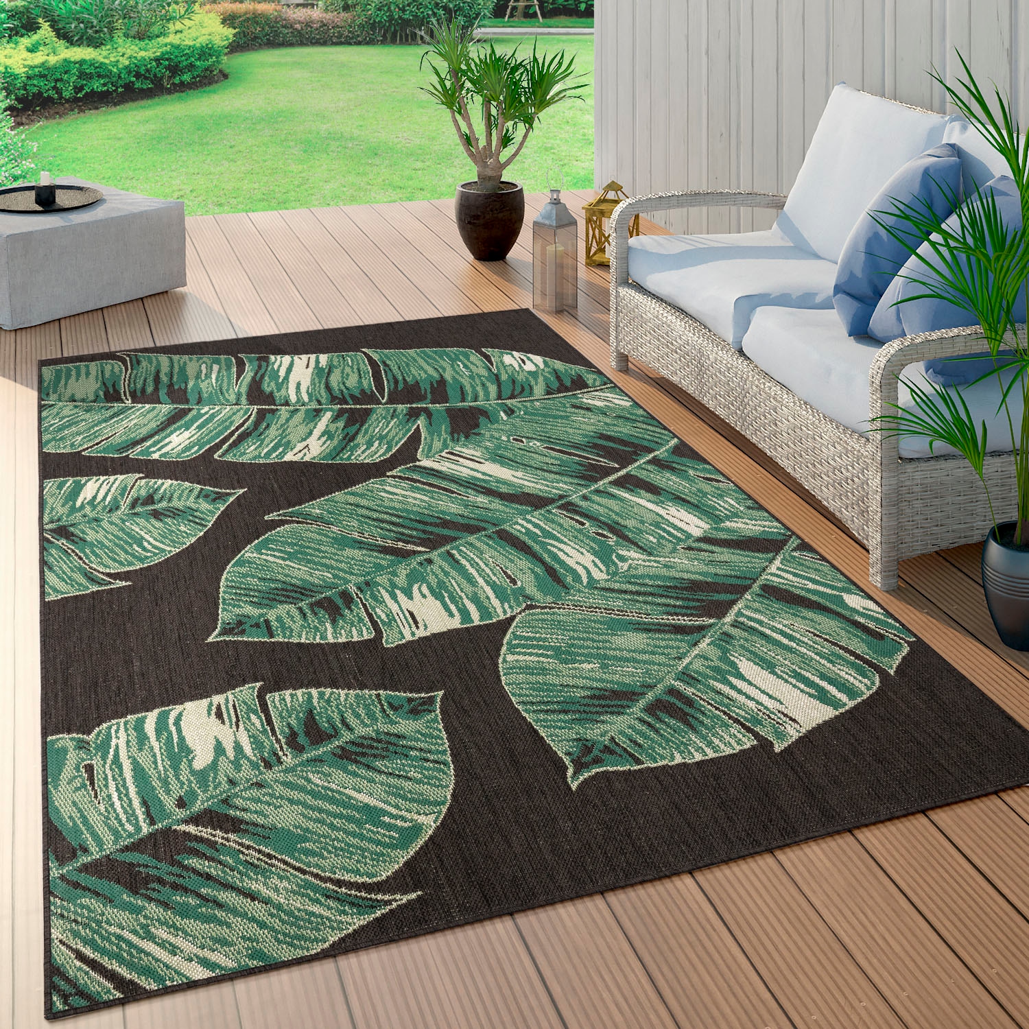 Paco Home Teppich »Ostende | Motiv Wohnzimmer geeignet, und Outdoor Rechnung BAUR rechteckig, 553«, auf In- Flachgewebe, Palmenblätter