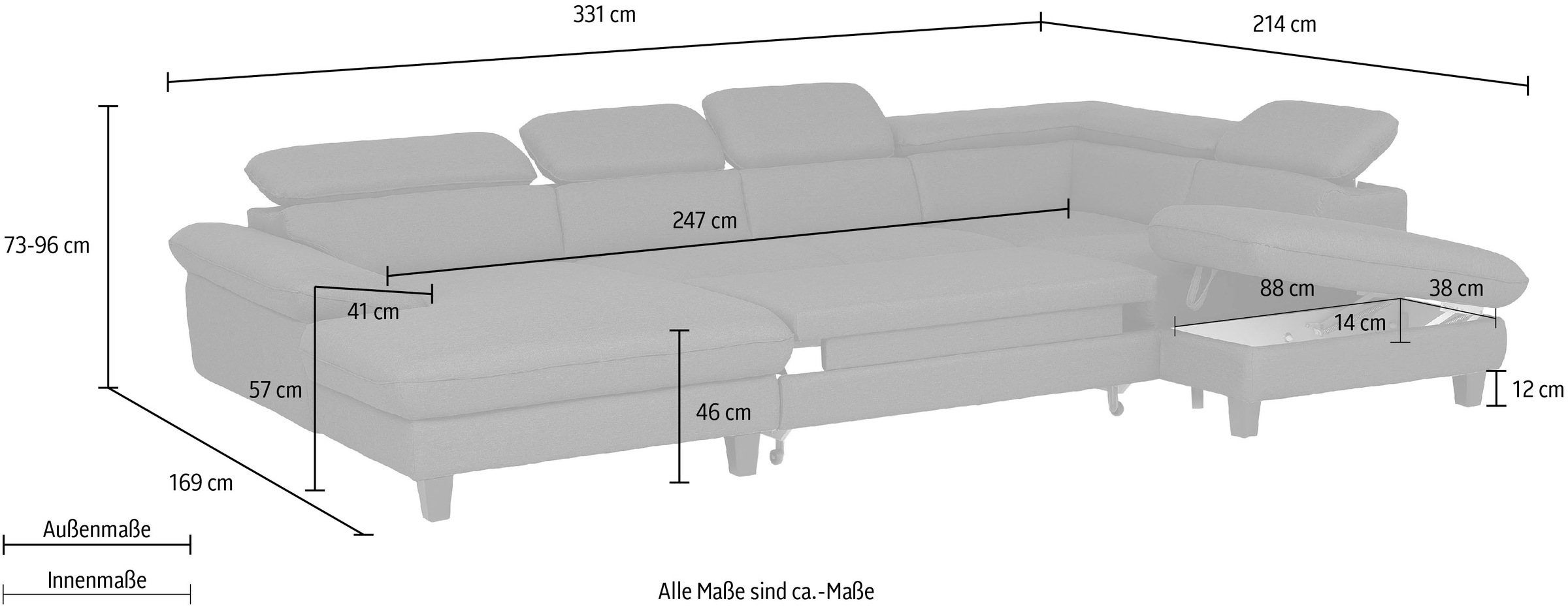 Home affaire Wohnlandschaft »Pilot U-Form«, mit Kopfteilverstellung, wahlweise mit Bettfunktion & Bettkasten