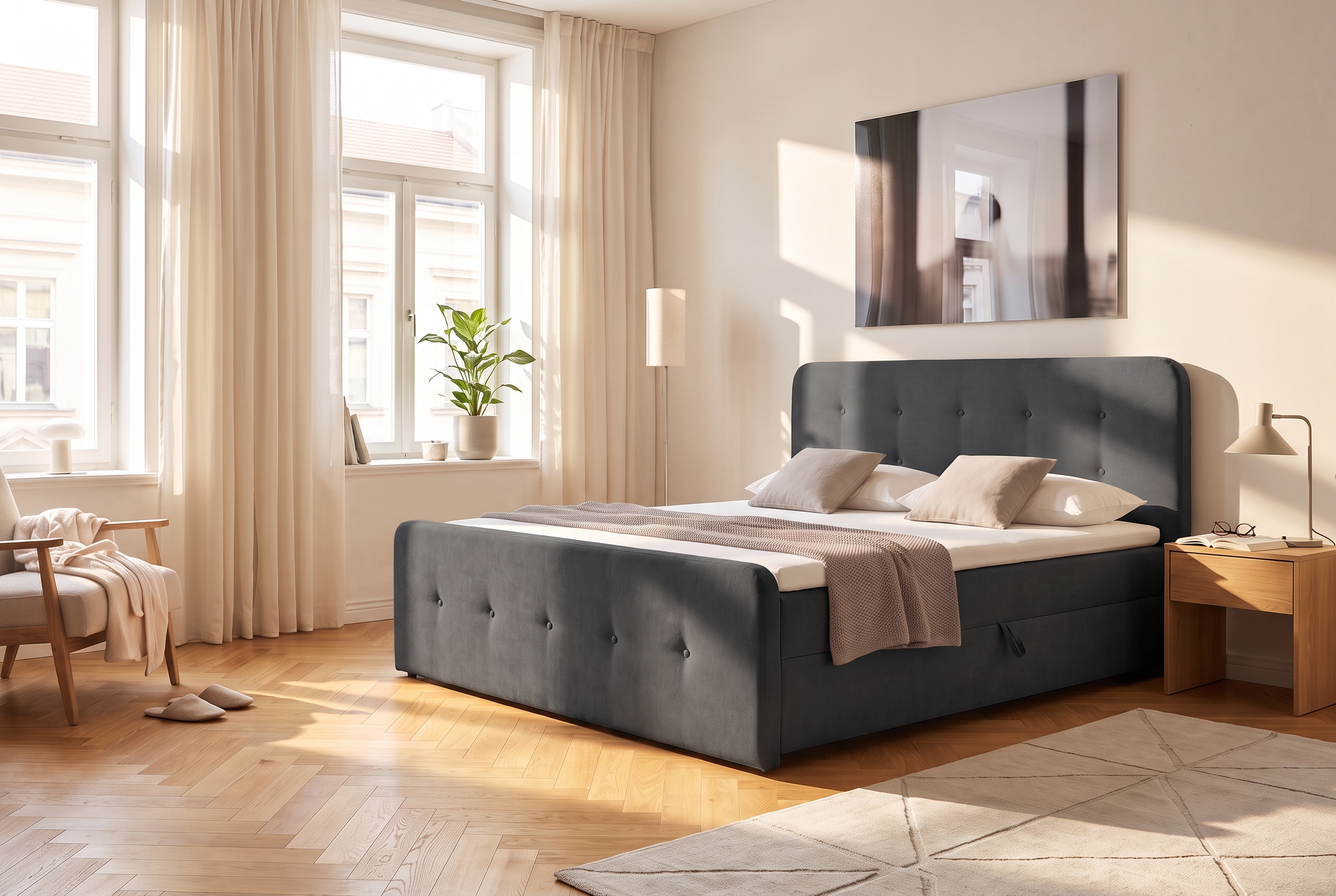 Home affaire Boxbett "Amrum, Polsterbett mit Bettkasten, inkl. Taschenfederkernmatratze H3" mit Kaltschaumtopper, Chenille-Bezug, 120x200 & 180x200 cm