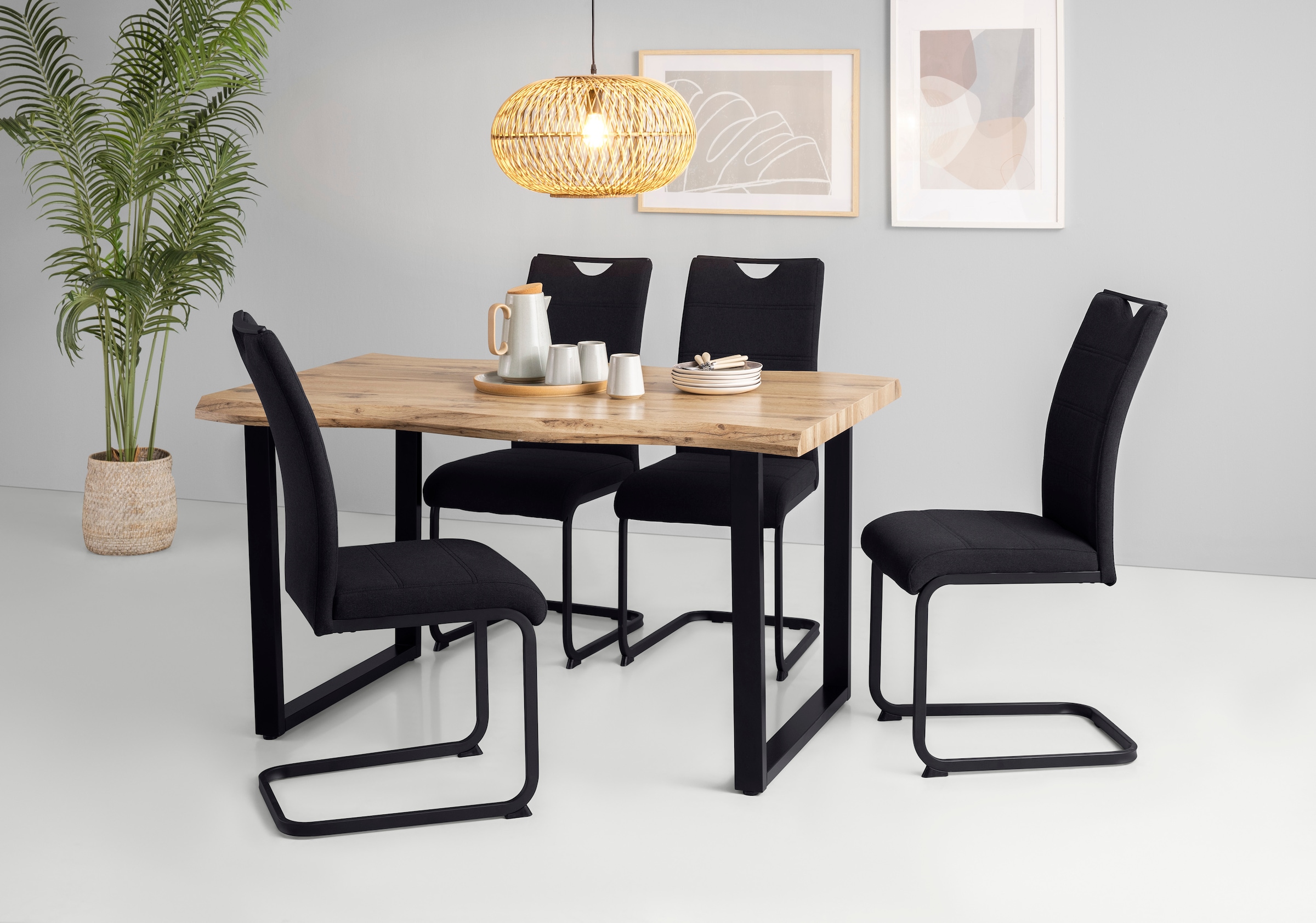 HELA Essgruppe »GISELLE Esszimmer, Essgruppe, Sitzgruppe TOPSELLER!«, (Set, 5 tlg., 5er Set, Tisch plus 4 Stühle), Esstisch U-Gestell Metall, Tischplatte mit Baumkante, OTTOs Choice