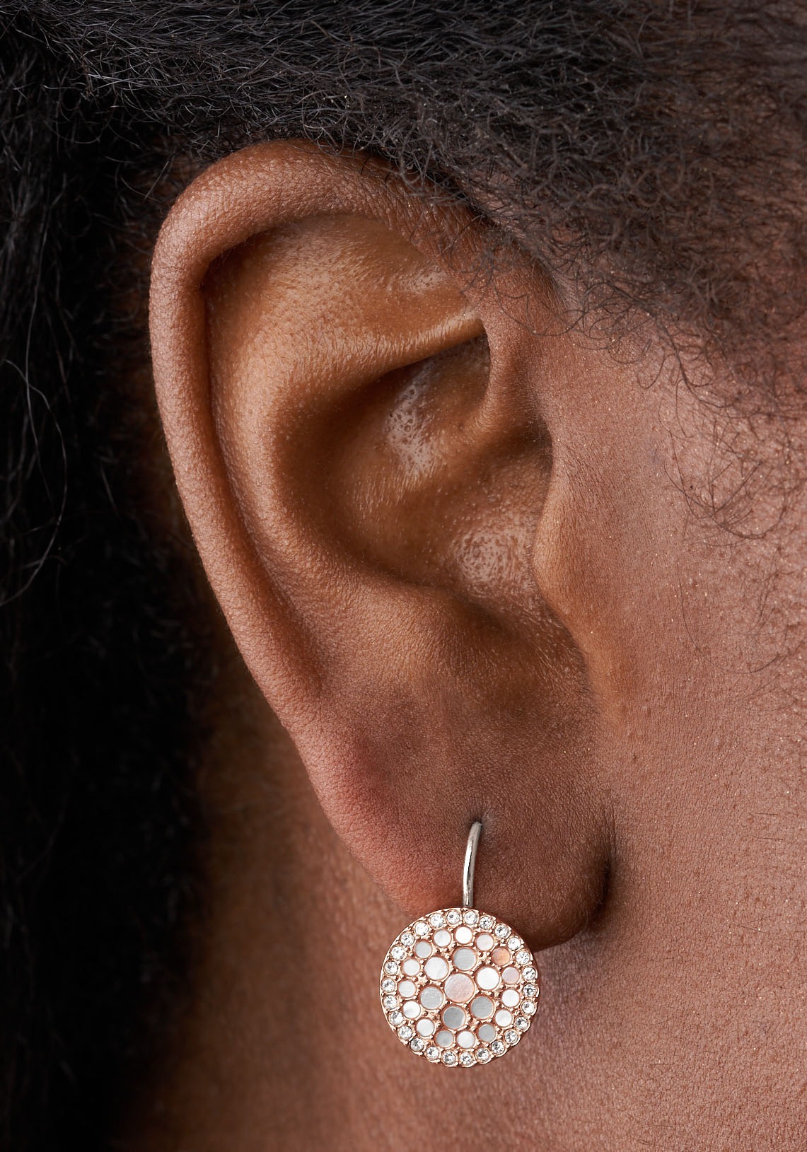 Paar Ohrhaken FOSSIL "Schmuck Edelstahl Ohrringe Disc Drop Vintage Glitz", rosa (roségoldfarben, edelstahlfarben, perlmuttfarben, kristallweiß, kristallweiß), Ohrringe, Damen, Edelstahl, mit Glasstein - mit Perlmutt 3