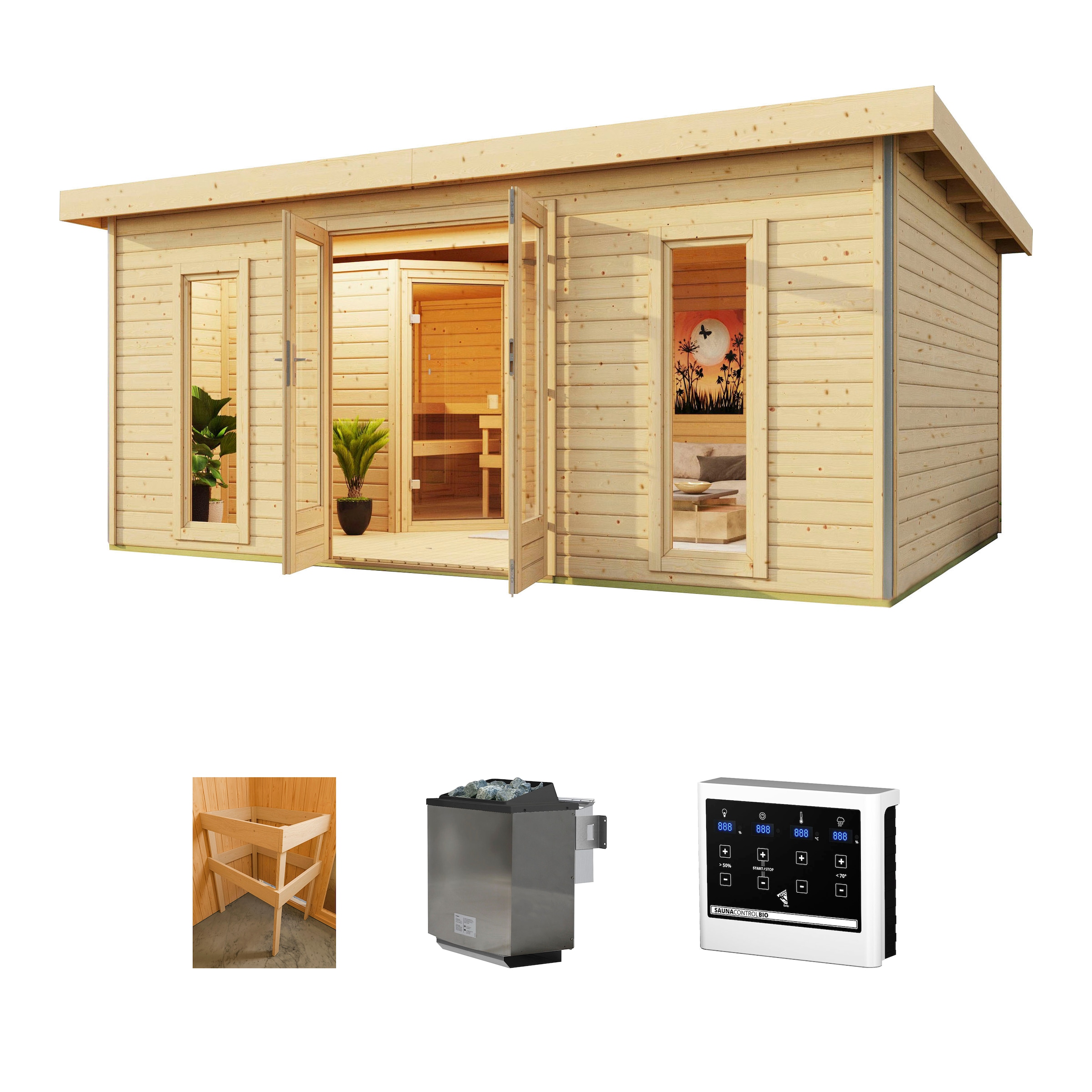 KONIFERA Saunahaus "Maiko 4 SET A" Ofen 9 kW Bio externe Strg easy