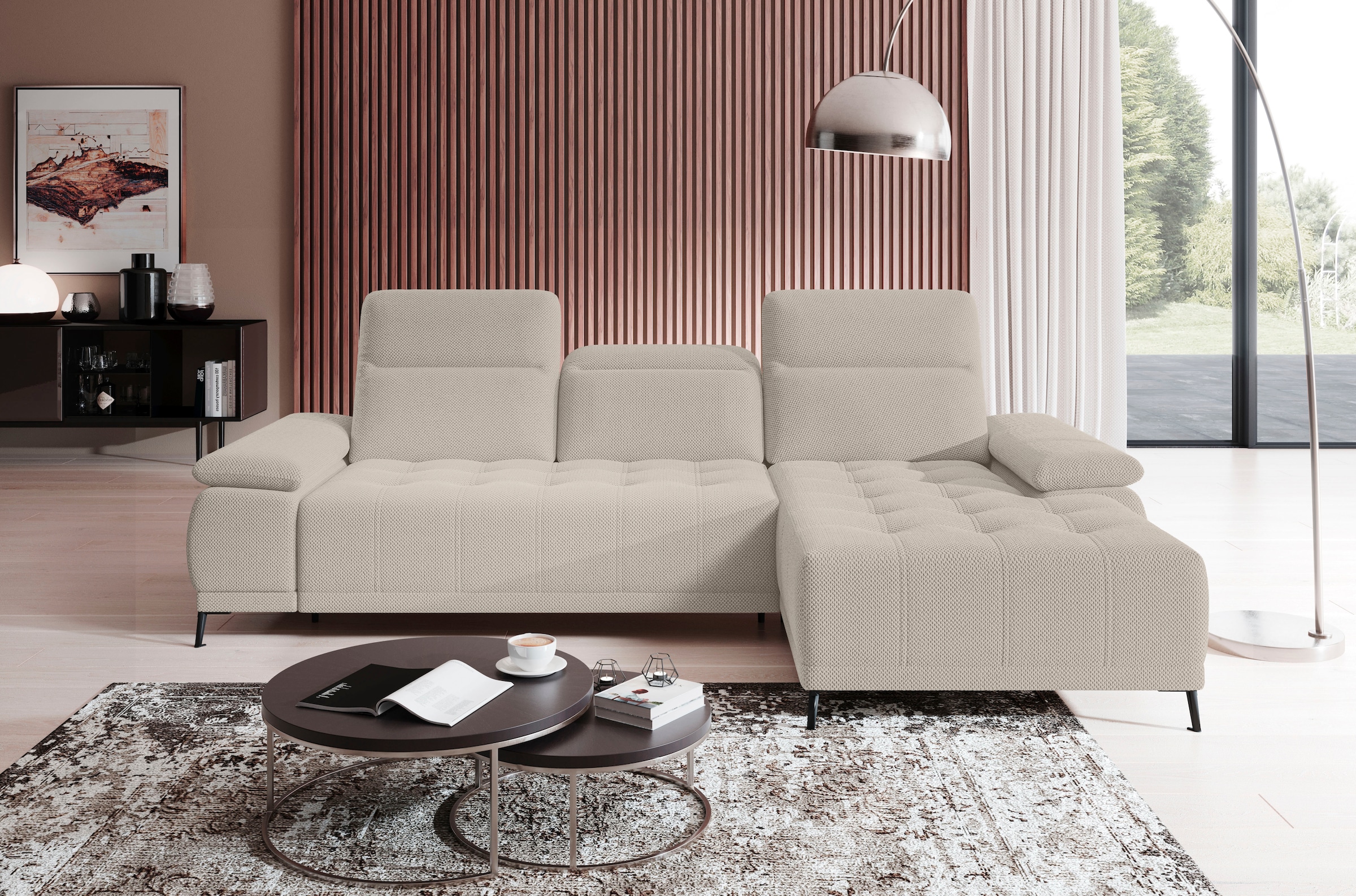 WERK2 Ecksofa "Focus-S 277 x 177 cm modern und bequem" Webstoff, L-Form, XXL, elektrische Sitztiefenverstellung