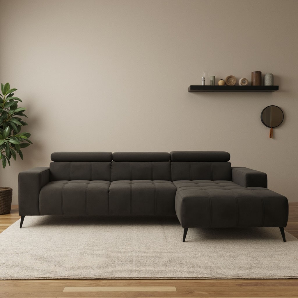 DOMO collection Ecksofa "Trento L-Form, mit Kufenfuß oder Einzelfuß" whlw. verstellbare Kopfteile, passend für gängige Saugroboter