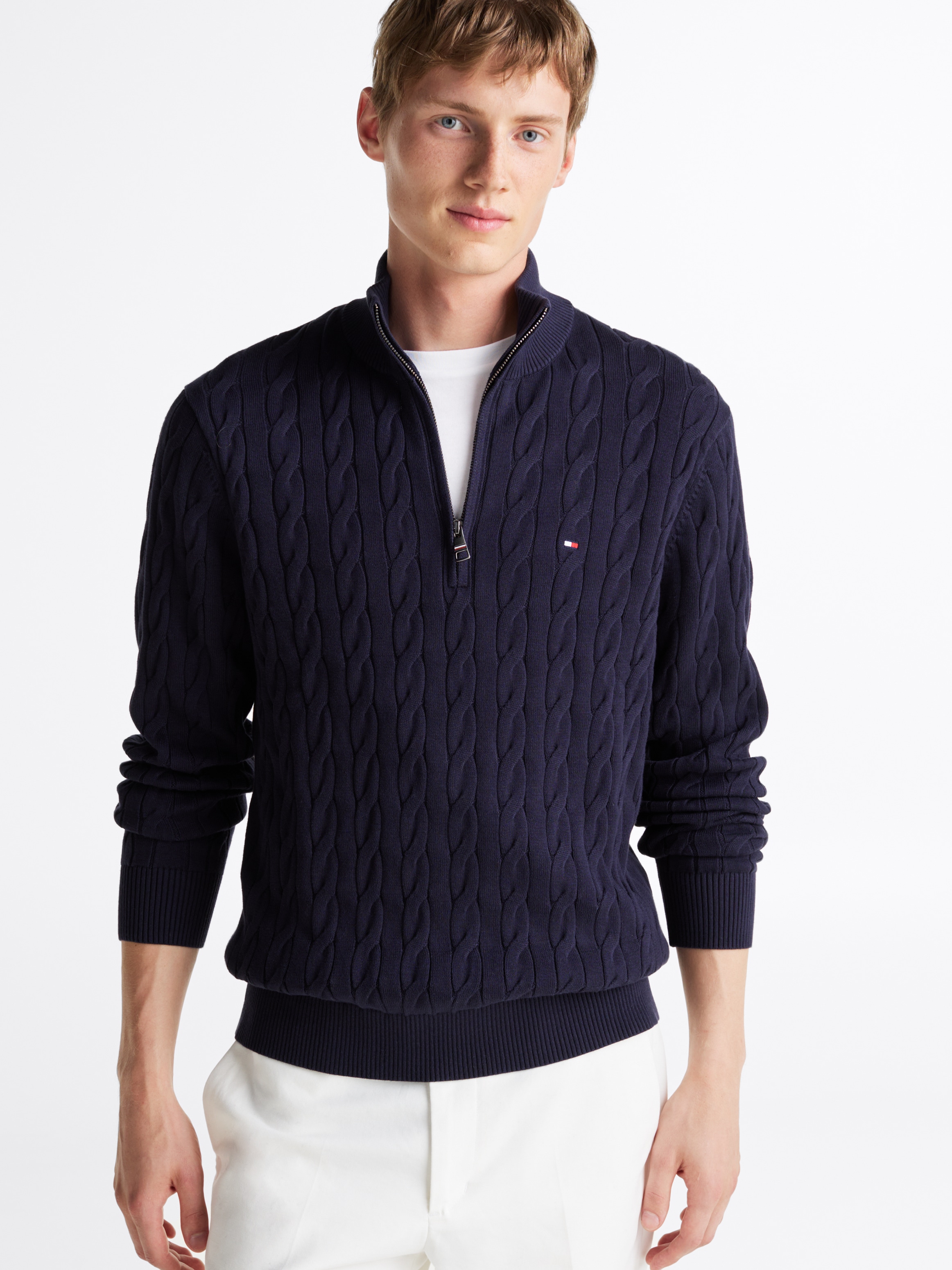 Strickpullover »CLASSIC COTTON CABLE ZIP MOCK«, mit modischem Zopfmuster