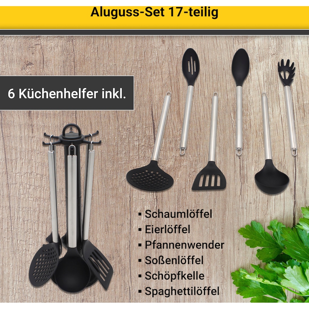 Krüger Topf-Set »Aluguss Topf- und Pfannenset inkl. praktischen Küchenhelfern, 17 tlg.«, Aluminiumguss, (Set, 17 tlg., Fleischtopf 16/18/20/24cm, Stieltopf 16cm Steakpfanne 7 T.Küchenhelfer)