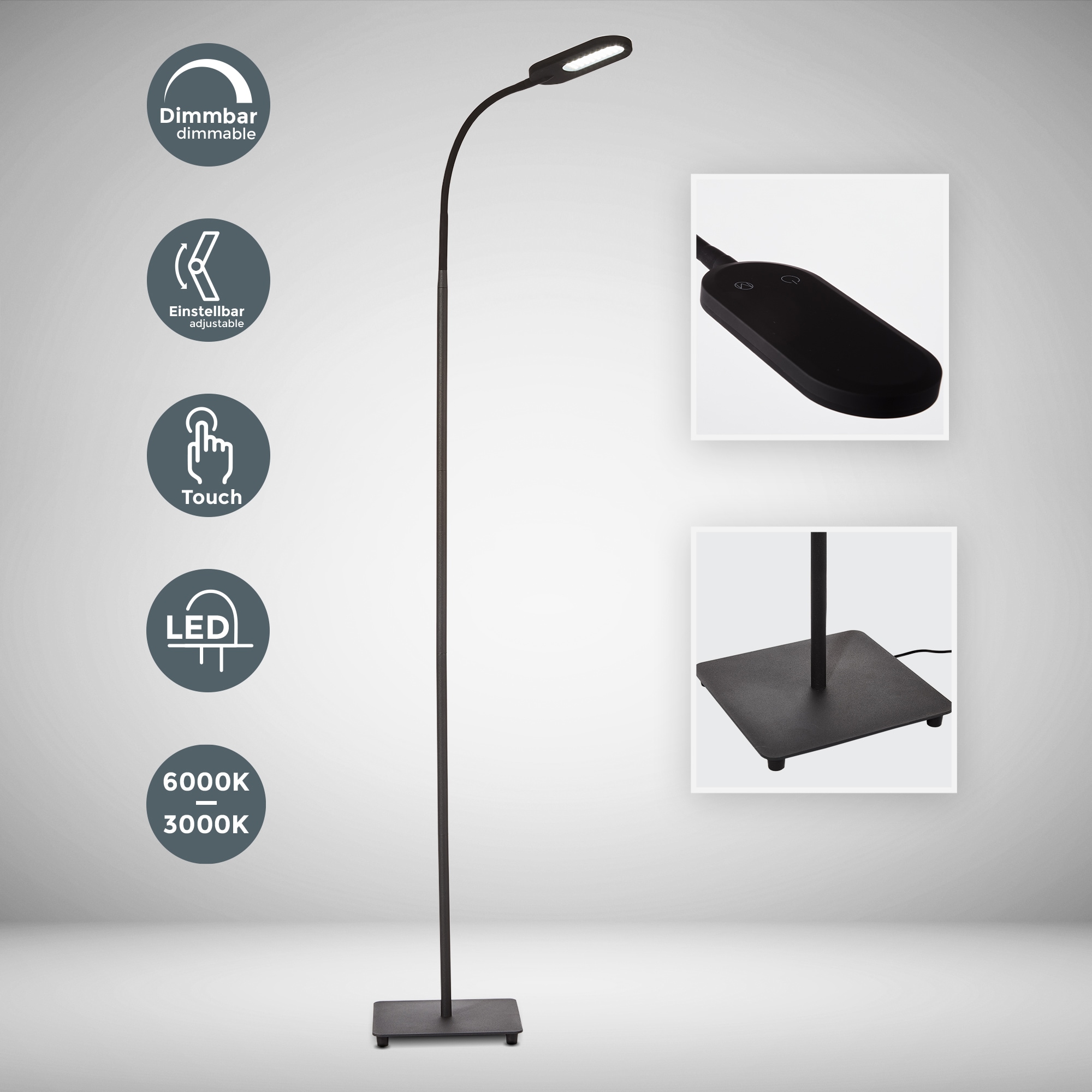 B.K.Licht LED Stehlampe, 1 flammig, Leuchtmittel LED-Board | LED fest integriert, Stehleuchte, dimm-, schwenkbar, Memory & Touch Funkt., inkl. 8W 600lm
