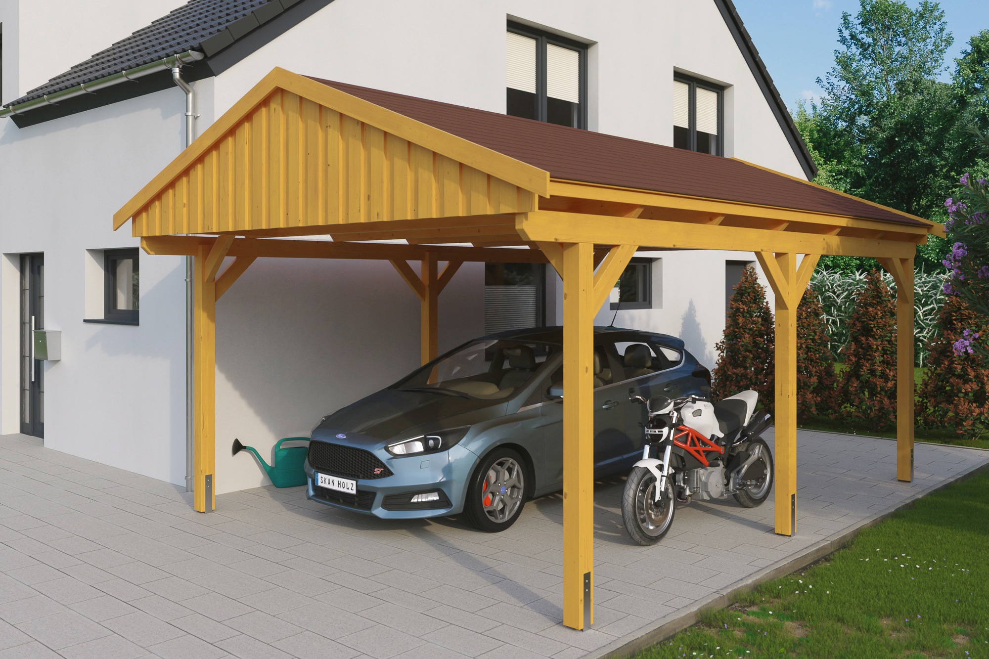 Skanholz Einzelcarport "Fichtelberg" Leimholz hellbraun mit roten Schindeln