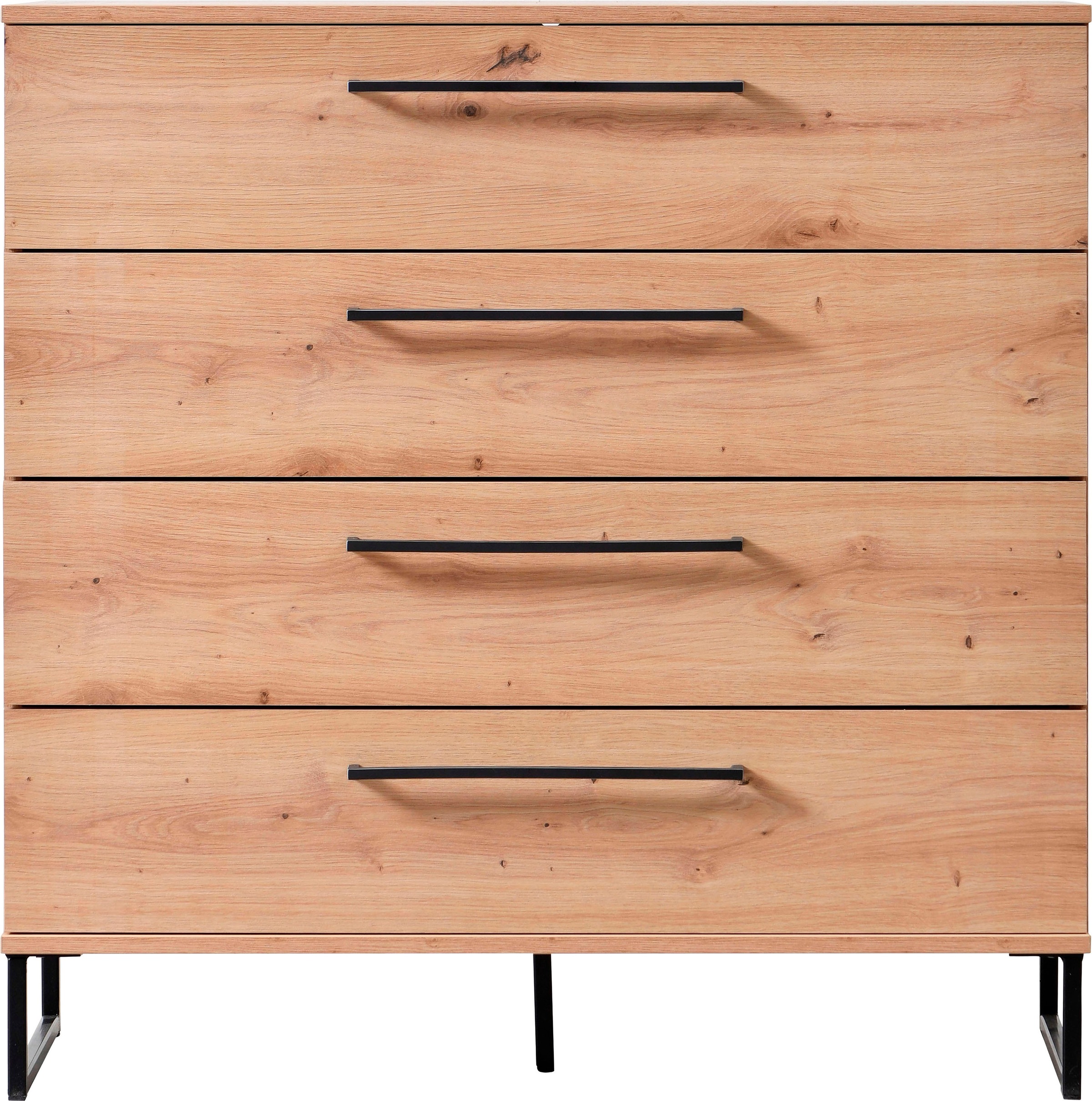 Home affaire Kommode "Sardinia, Sideboard mit 4 Schubkästen, B/T/H: 91x92,5x42cm" mit 4 Schubladen, mit trendigen schwarzen Griffen und Metallfüße