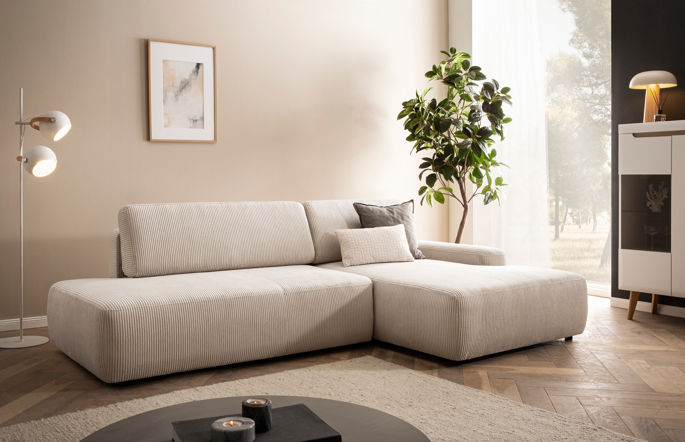 INOSIGN Ecksofa »TORGE, Schlafsofa Cord, Samtvelours u. Strukur fein, Couch in L-Form«, Schlaffunktion und Bettkasten, Liegefläche: 210x125 cm, neues Design